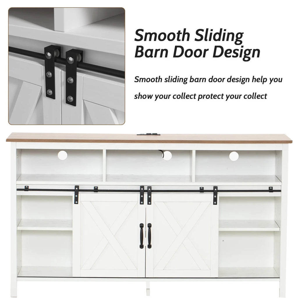 4 Layer Farmhouse Coffee Bar Cabinet With Power Outlet & LED Light, 57" Barn Door Buffet Cabinet Kitchen Storage With Adjustable Shelves(Brown)