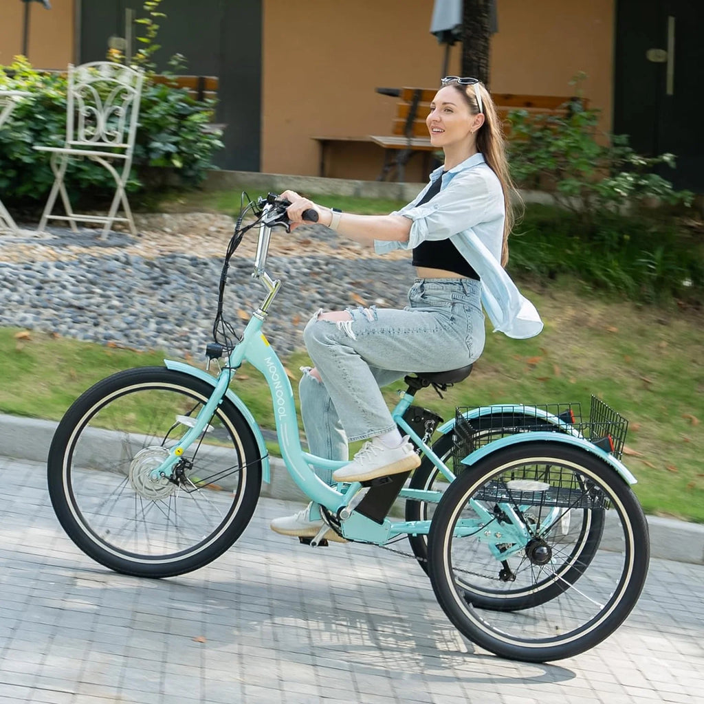 Mooncool 24" 26" 3 Wheel Electric Tricycle for Adults, 350W 36V 7 Speeds Motorized Electric Trike Three Wheel Electric Bikes Bicycle with Large Basket & Accessories for Women Men