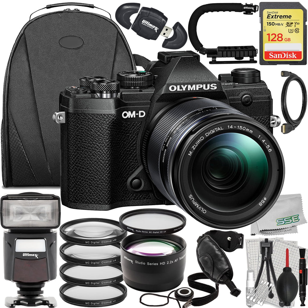 Olympus OM-D E-M5 Mark III Mirrorless Camera with 14-150mm Lens (Black) + Advanced Accessory Bundle: SanDisk 128GB Extreme SDXC, Universal Speedlite & Much More (27pc Bundle)
