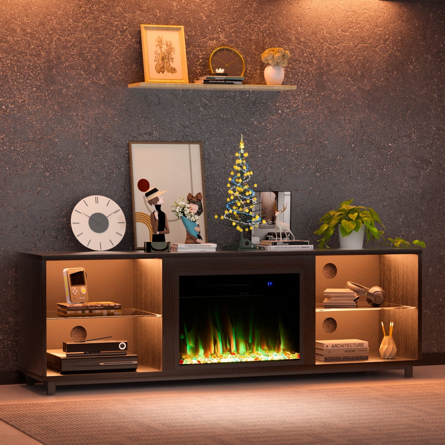 Oneinmil 68'' Fireplace TV Stand for 75'' TV, with 23" Electric Fireplace, LED Light Entertainment Center, White