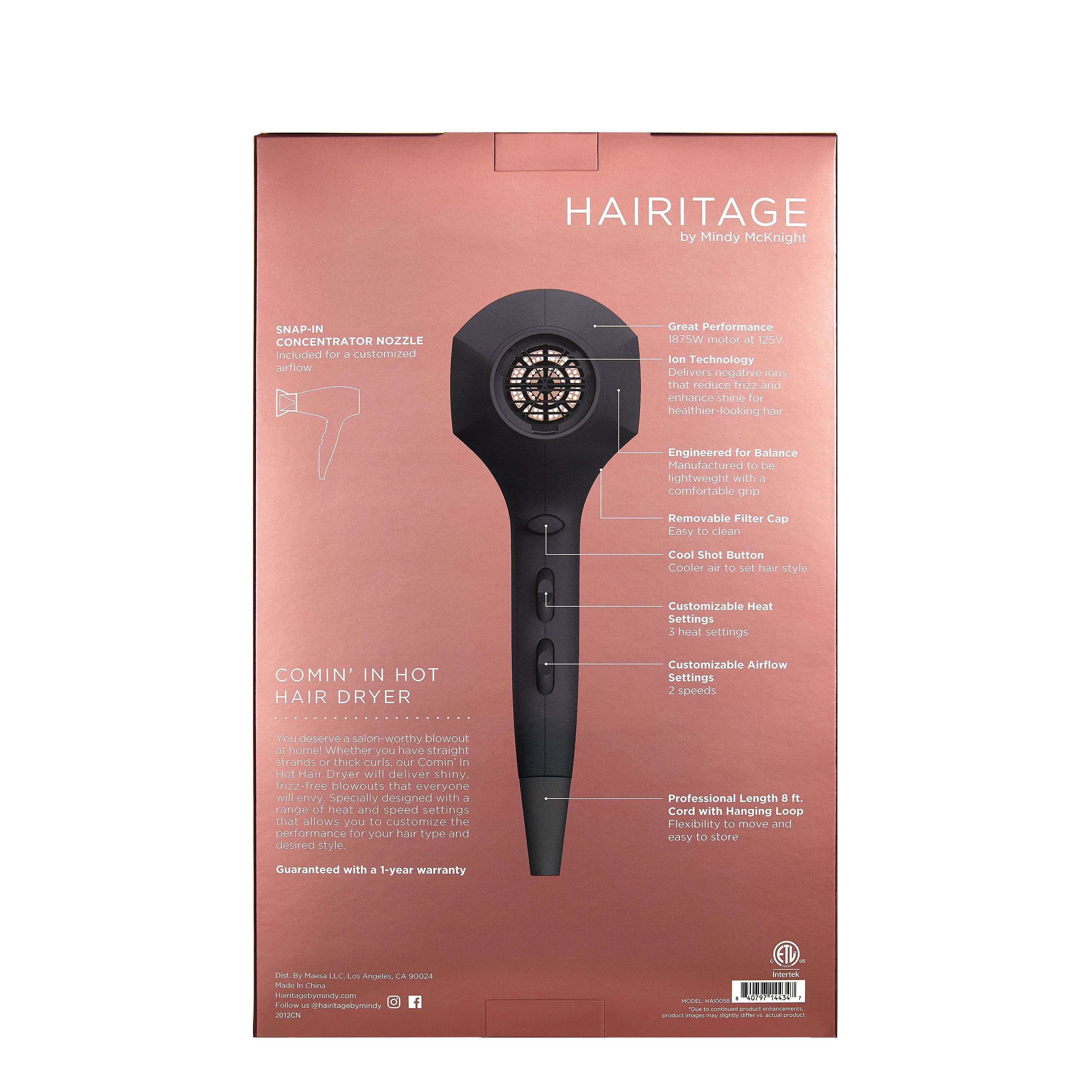 Hairitage Comin' In Hot Hair Dryer |1875 Watts Ionic Hair Dryer for Frizz Control & Shine | Powerful Blow Dryer for All Hair Types