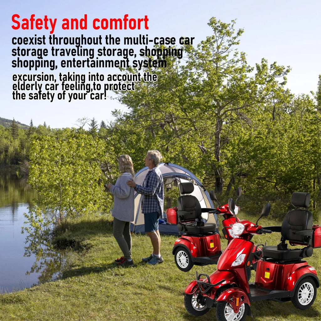 Mobility Scooters 4-Wheel Mobility Scooter Battery Powered Compact Rear Box 360 Degree Adjustable Seat  Red