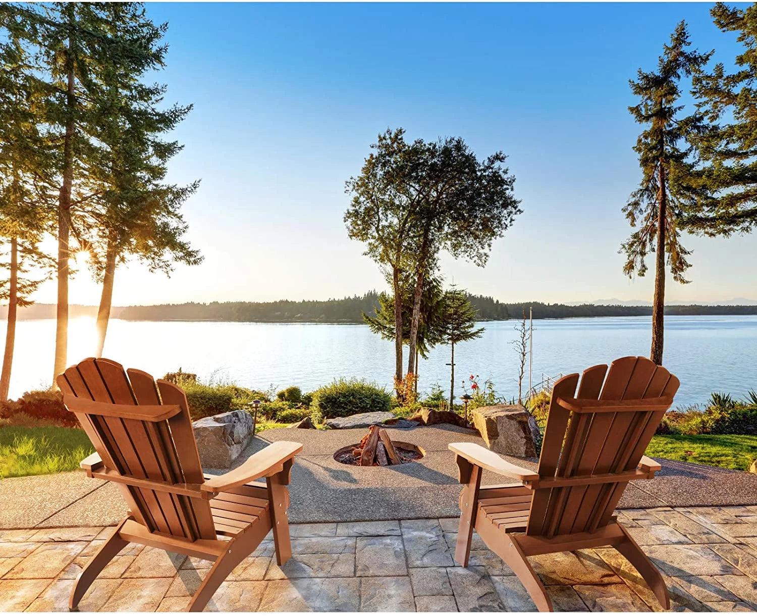Qomotop Ploy Lumber Adirondack Chair with Cup Holder, Fade-Resistant Outdoor Seating with 350lbs Duty Rating, All-Weather Patio Chair for Garden,Brown