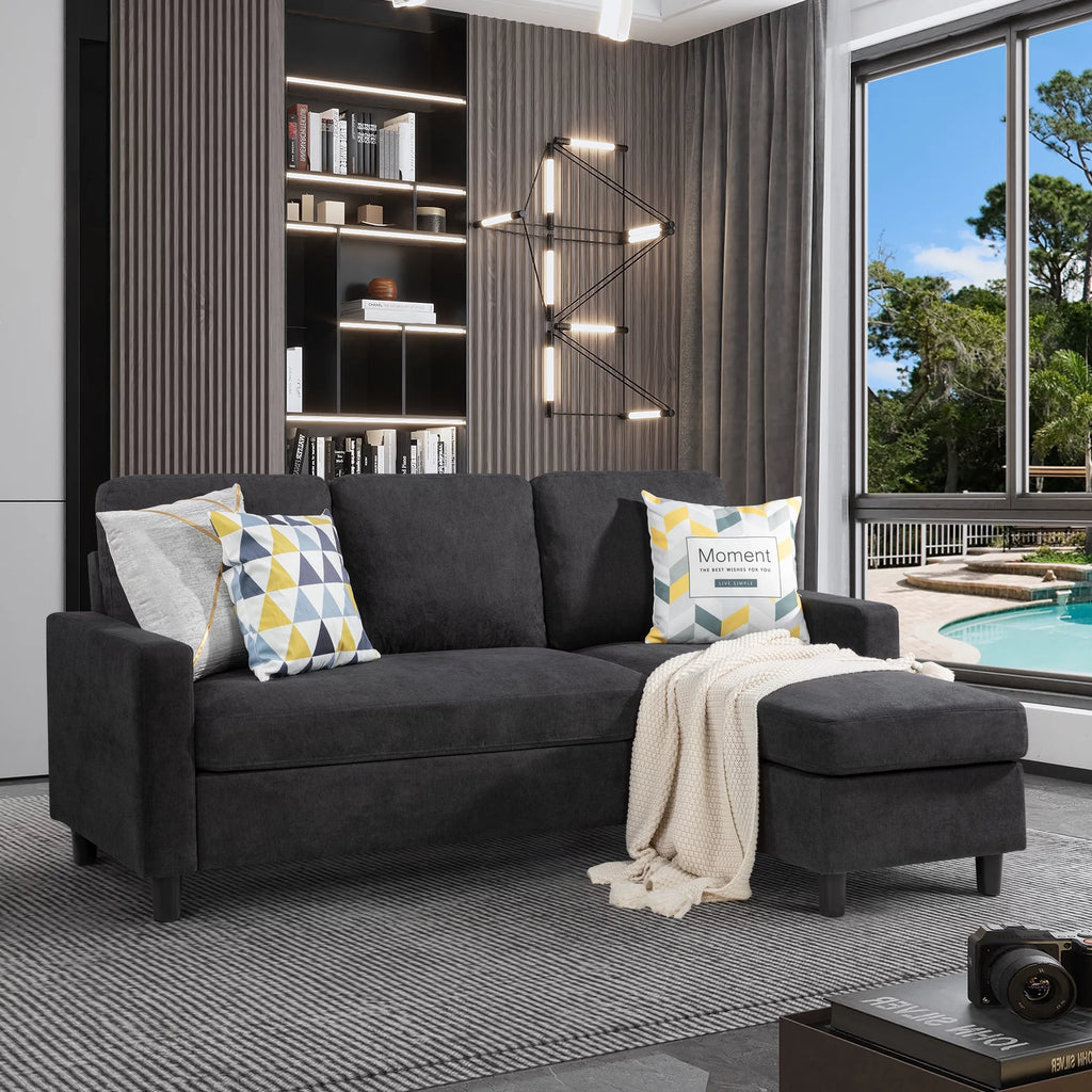 Walsunny Linen Fabric Convertible L-Shaped Sectional Sofa(Dark Gray)