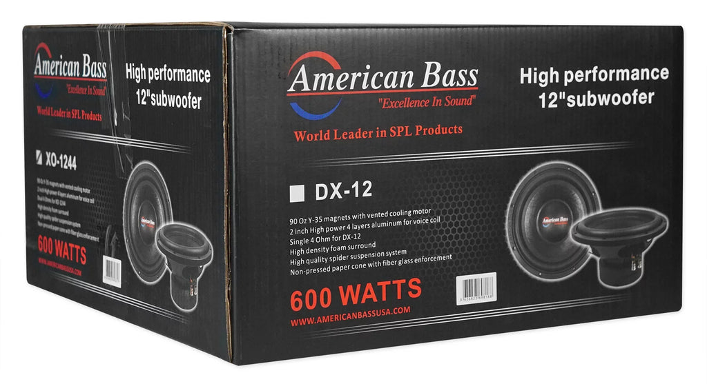 American Bass XO 1244 12" 600w Car Subwoofer 4-ohm Sub+Mono Amplifier+Amp Kit