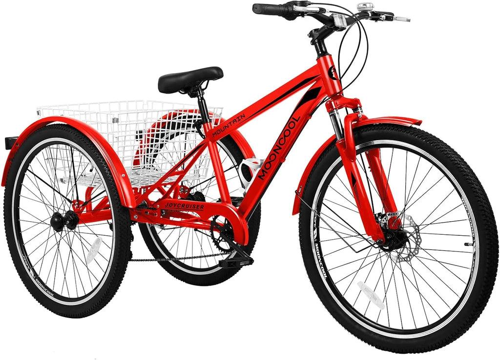 Mooncool Adult Mountain Tricycle, 7 Speed Three Wheel Bike, 24/26/27.5 Inch Adults Trikes for Seniors with Shopping Basket, Exercise Men's Women's Tricycles