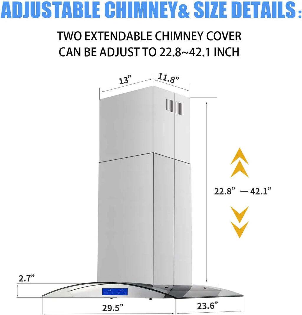 30 inch Island Mount Range Hood 700CFM Stainless Steel Touch Control Kitchen Vent Hood