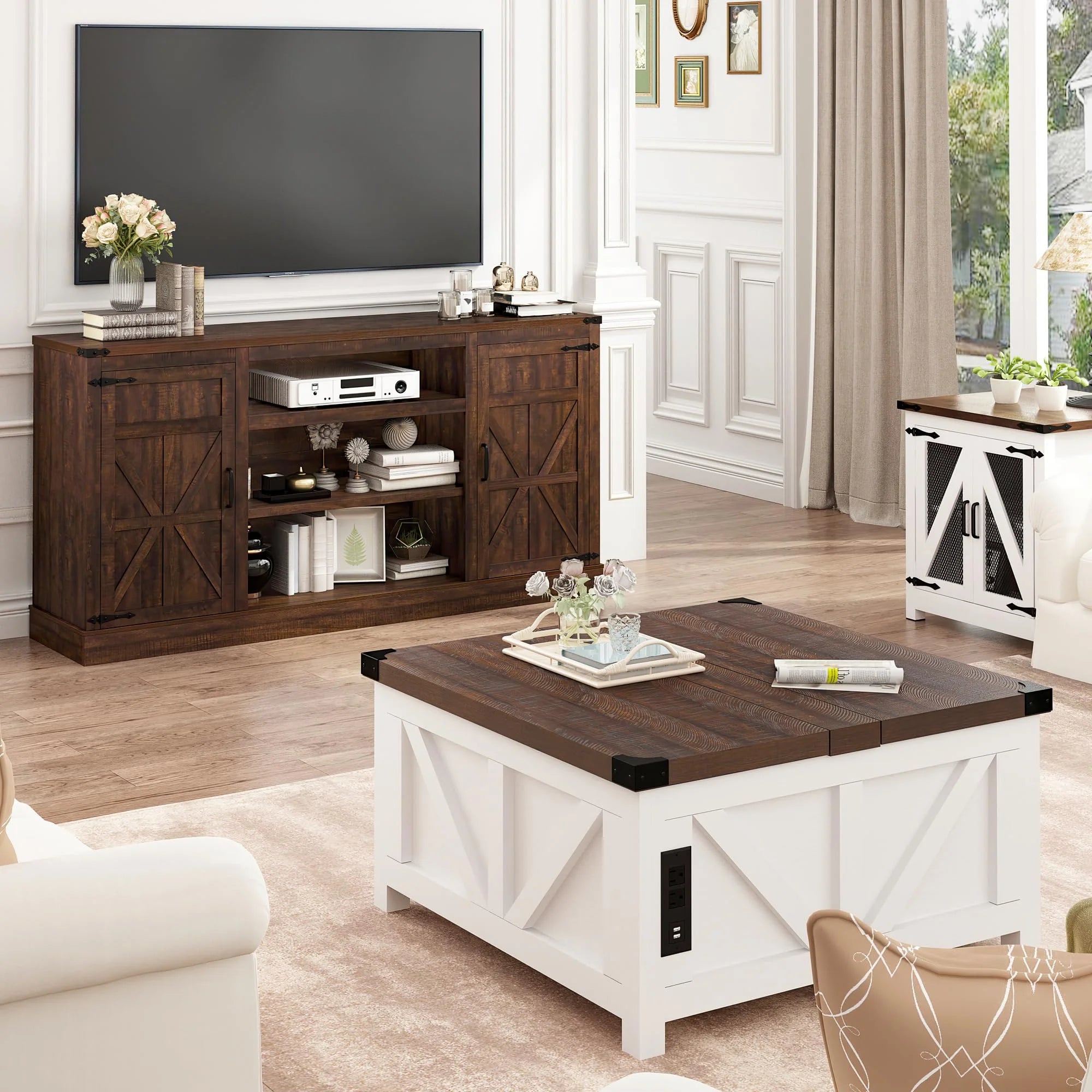 4 Layer Farmhouse Coffee Bar Cabinet With Power Outlet & LED Light, 57" Barn Door Buffet Cabinet Kitchen Storage With Adjustable Shelves(Brown)