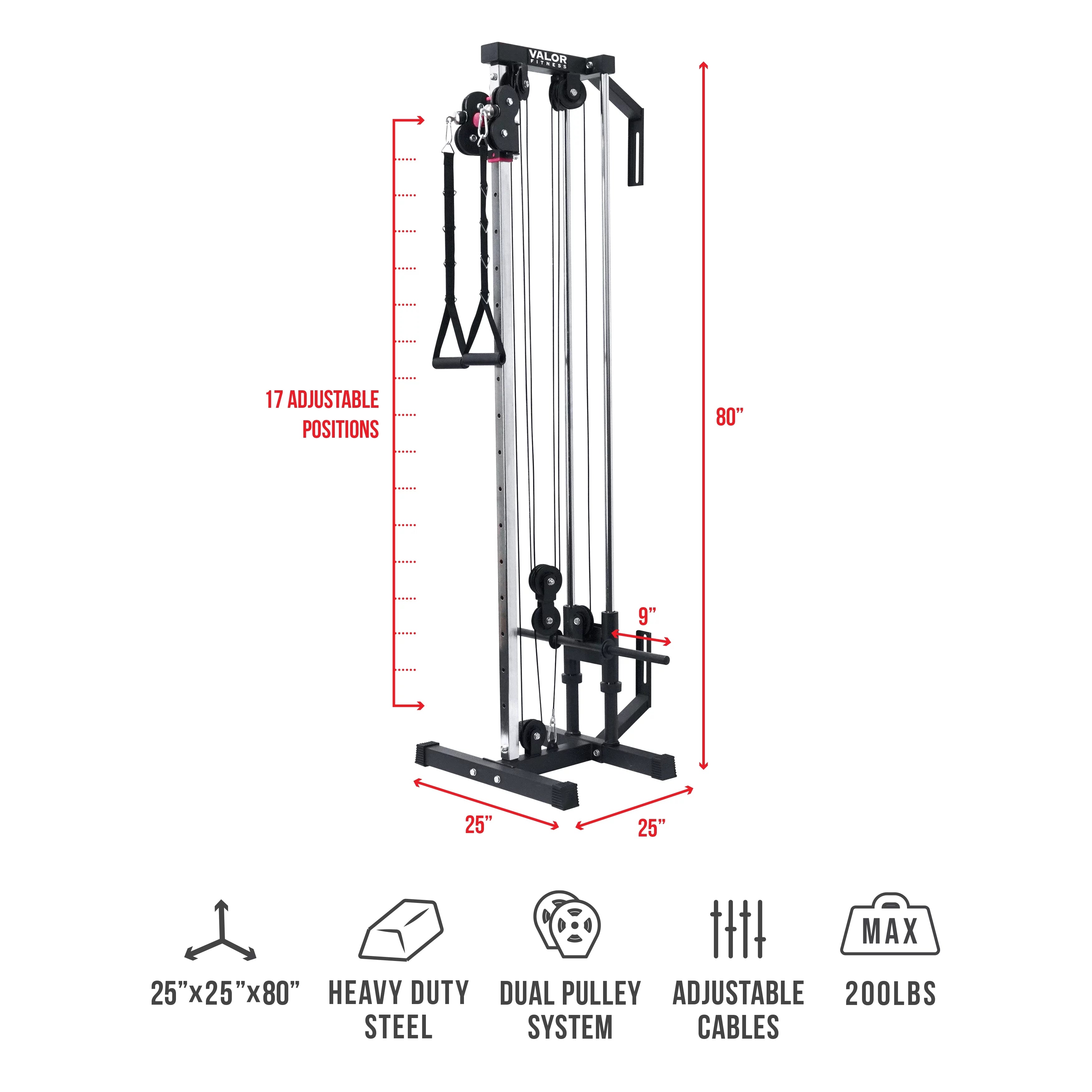 Valor Fitness LAT Pull Down Cable Machine - Wall Mount - 16 Adjustable Positions Dual Pulley System - Includes Strap Handles - High & Low Cable System Home Gym Equipment Max Weight 200 Lbs. - BD-62