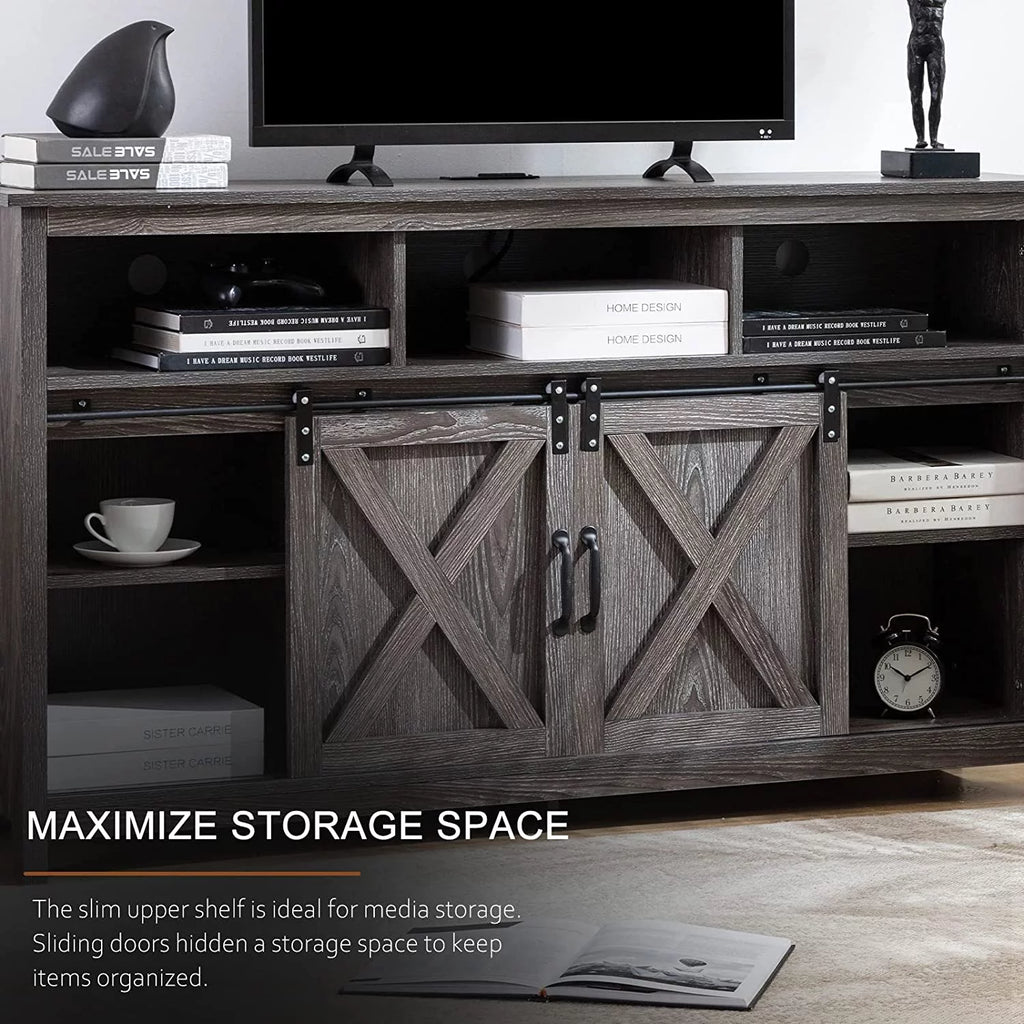 4 Layer Farmhouse Coffee Bar Cabinet With Power Outlet & LED Light, 57" Barn Door Buffet Cabinet Kitchen Storage With Adjustable Shelves(Brown)