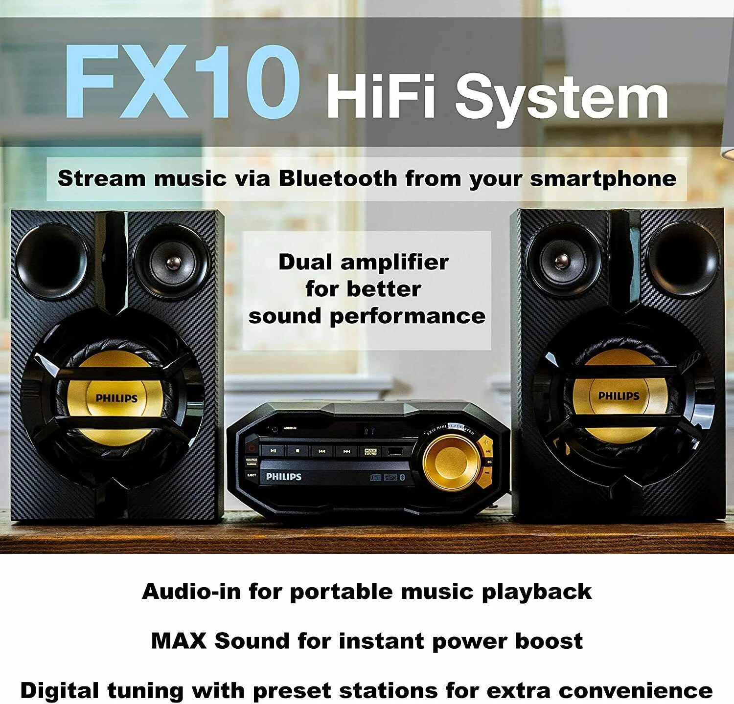 Philips Bluetooth USB Stereo System with CD Player, MP3 Player, Remote Control Wireless Boombox, FX10