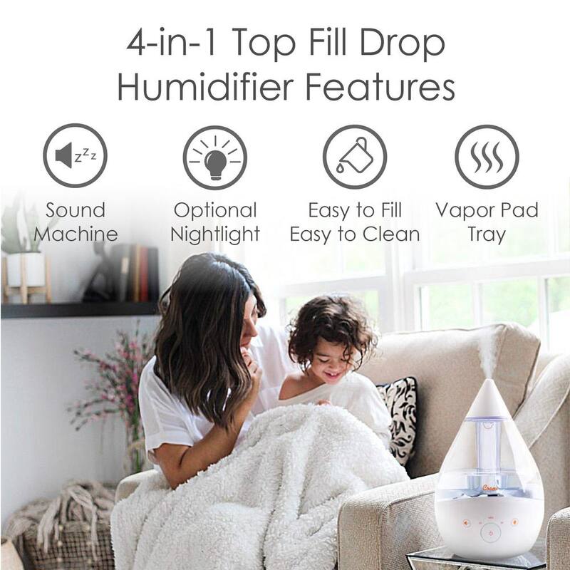 1 Gal. Top Fill Drop Cool Mist Humidifier with Sound Machine for Medium to Large Rooms up to 500 sq. ft. - Clear/White