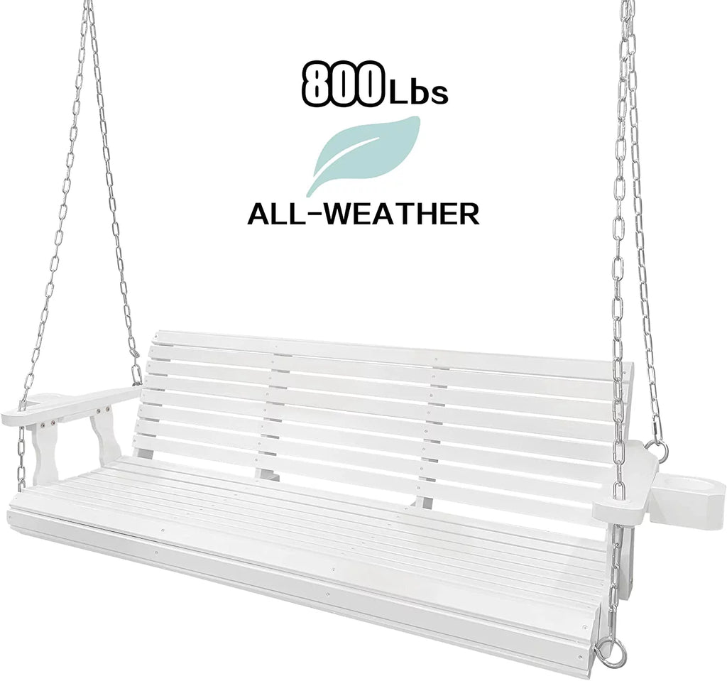 Wooden Porch Swing 3 Seater, 800 lbs Bench Swing for Outdoor Patio Garden Yard, 5 feet White