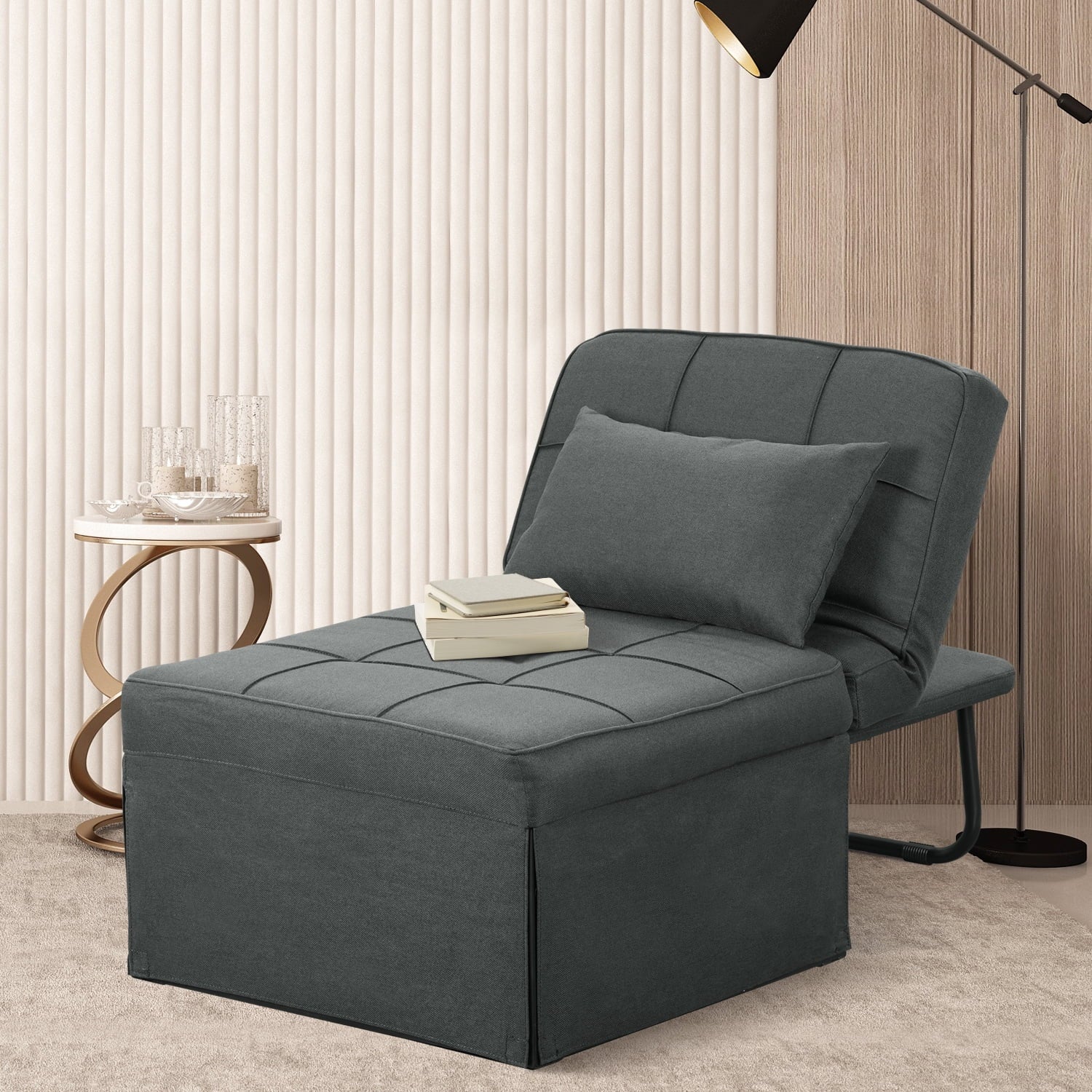 Ainfox Ottoman Chair Lounger Bed .4 in 1 Breathable Linen Convertible Single Sofa Couch, 73.23''L x 33.86''W(Dark Grey)(Beige)