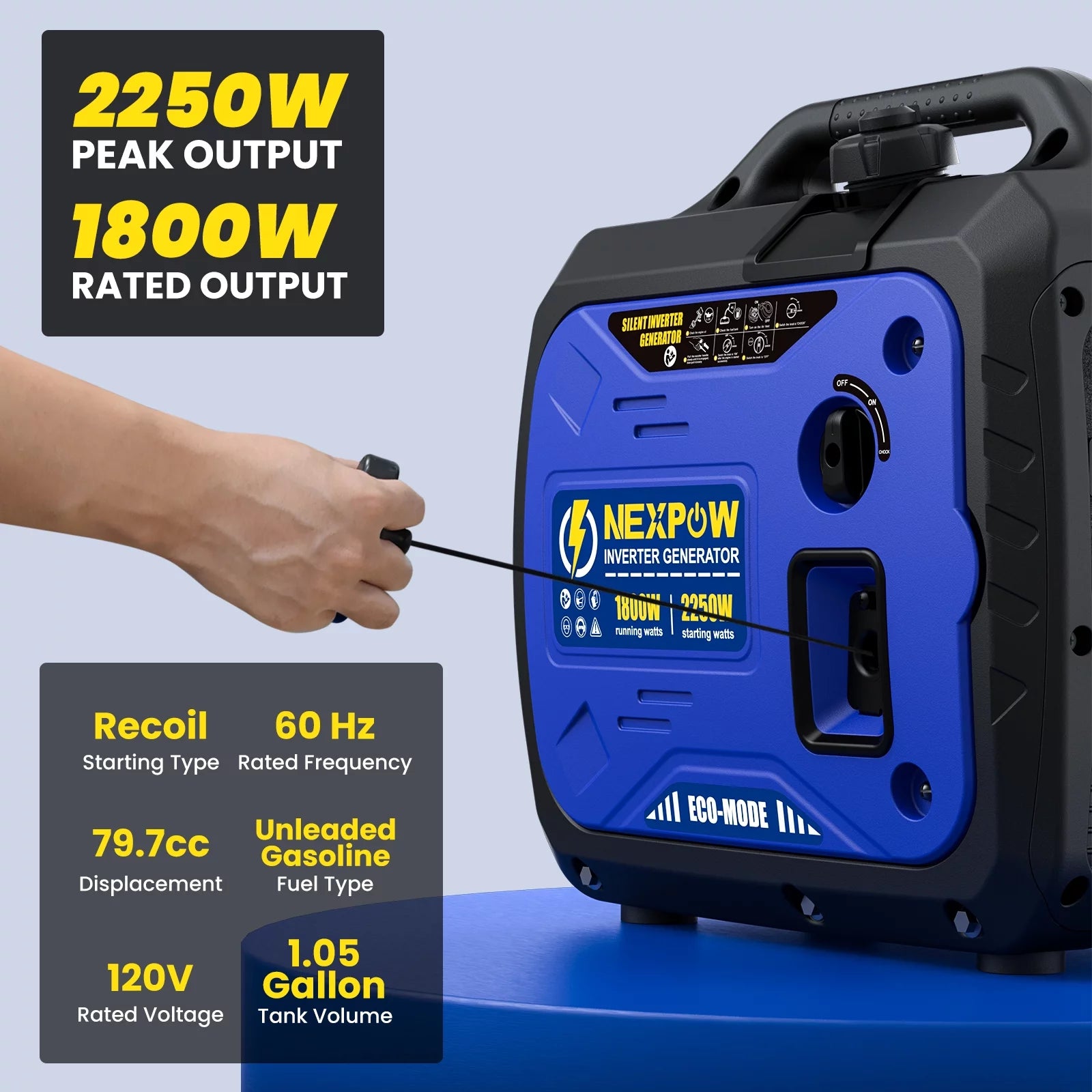 NEXPOW Portable Inverter Generator, 2250W Super Quiet Generator with CO Alarm Ideal,Eco-Mode Feature, Parallel Capability,EPA Compliant,and 5v/3A USB Outle,Lightweight For Backup Home & Camping