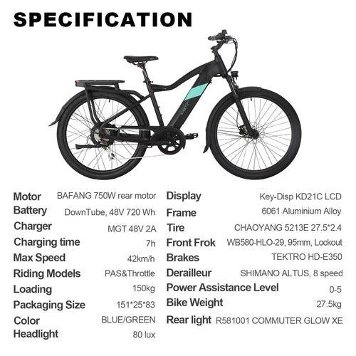 27.5"2.4 Electric Bike for Adults BAFANG 750W Electric Bike/E Bicycles Hybrid 48V E-Bike with Removable 720Wh Lithium-Ion Battery 8 Speed and LCD Light Moutain Bike/ Commuter Bike for Adults Women Men