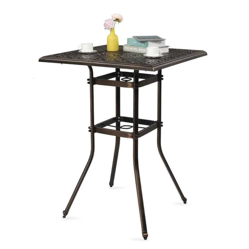 Outdoor Patio Bar Height Table, Square Cast Aluminium Bistro Table with Umbrella Hole, Tall Table for Porch Balcony Backyard Garden, Antique Bronze