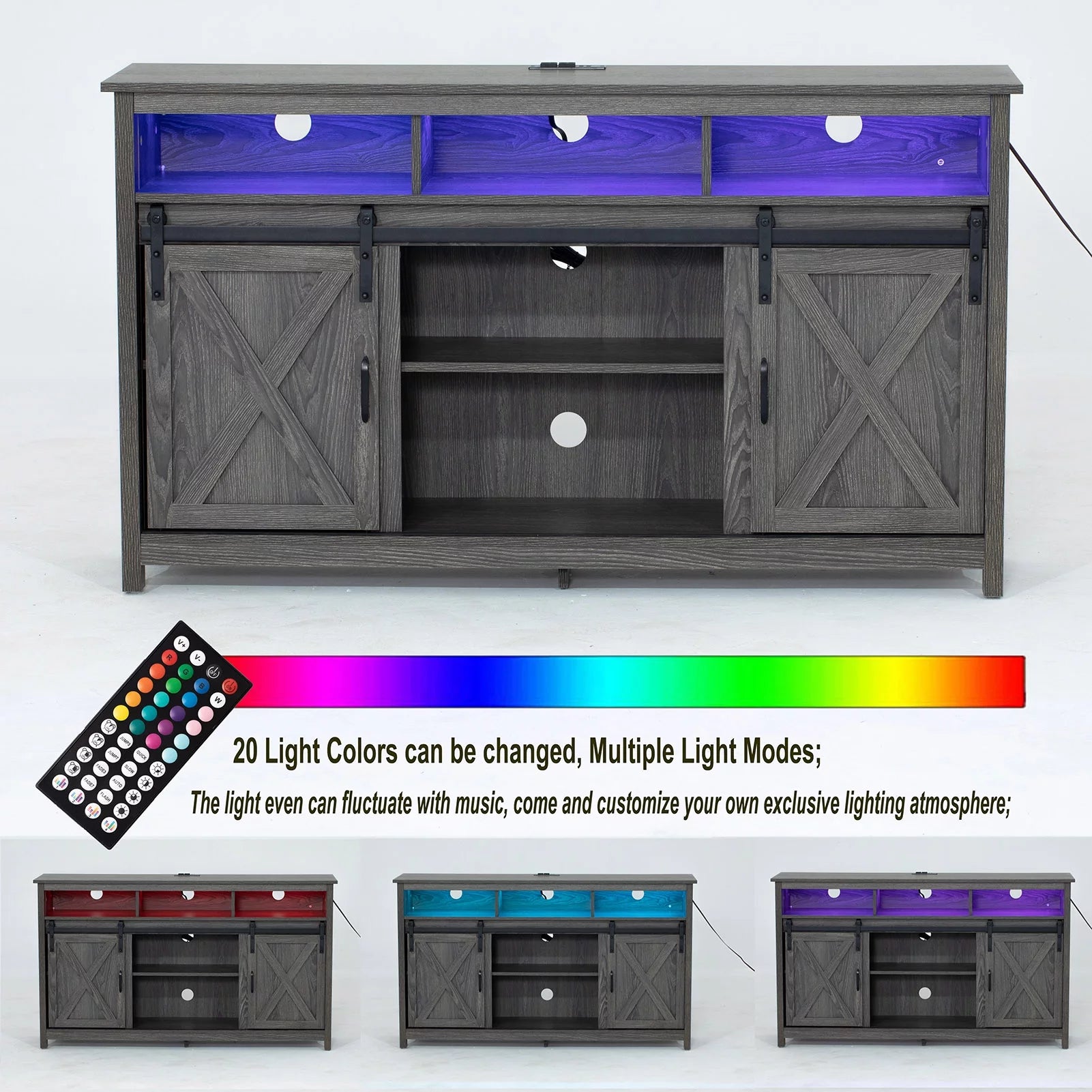 4 Layer Farmhouse Coffee Bar Cabinet With Power Outlet & LED Light, 57" Barn Door Buffet Cabinet Kitchen Storage With Adjustable Shelves(Brown)