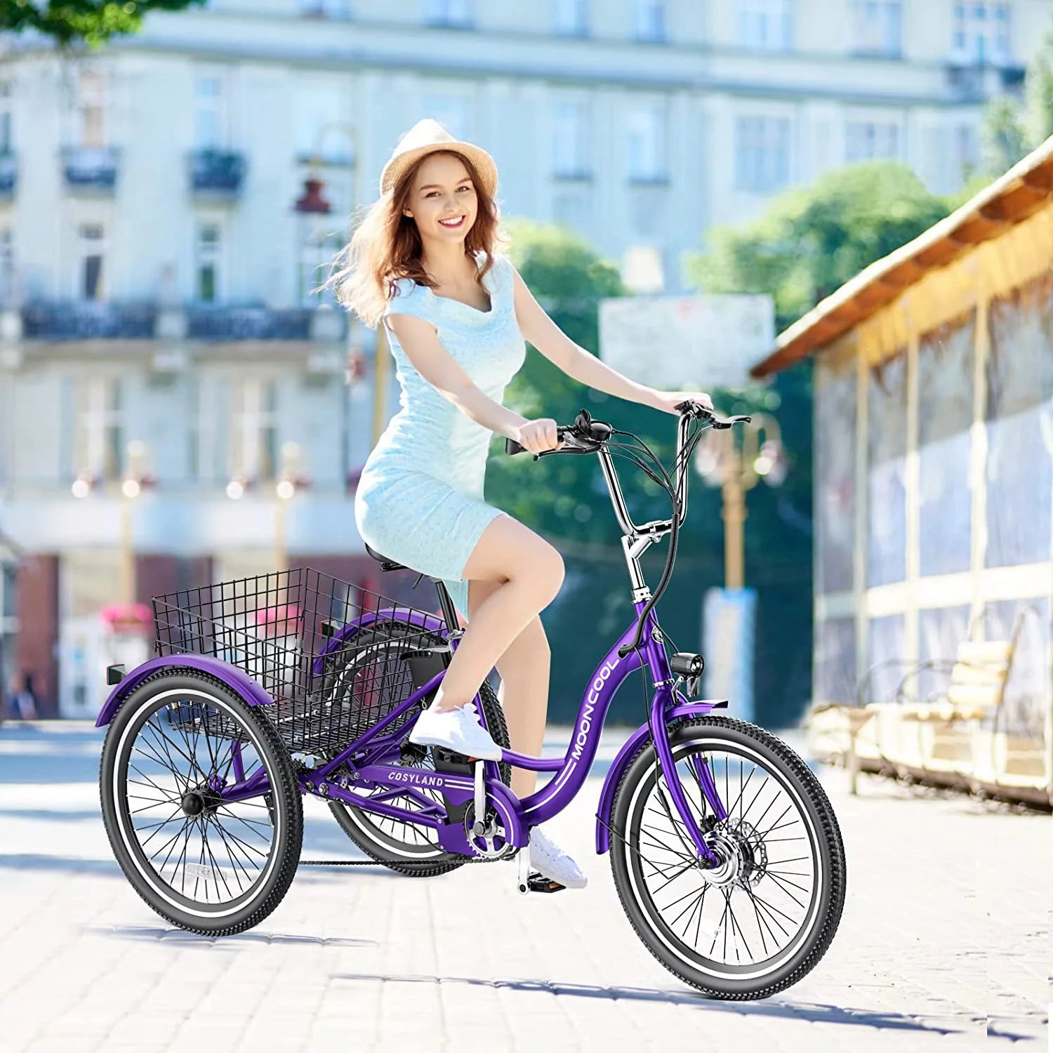 Mooncool 24" 26" 3 Wheel Electric Tricycle for Adults, 350W 36V 7 Speeds Motorized Electric Trike Three Wheel Electric Bikes Bicycle with Large Basket & Accessories for Women Men