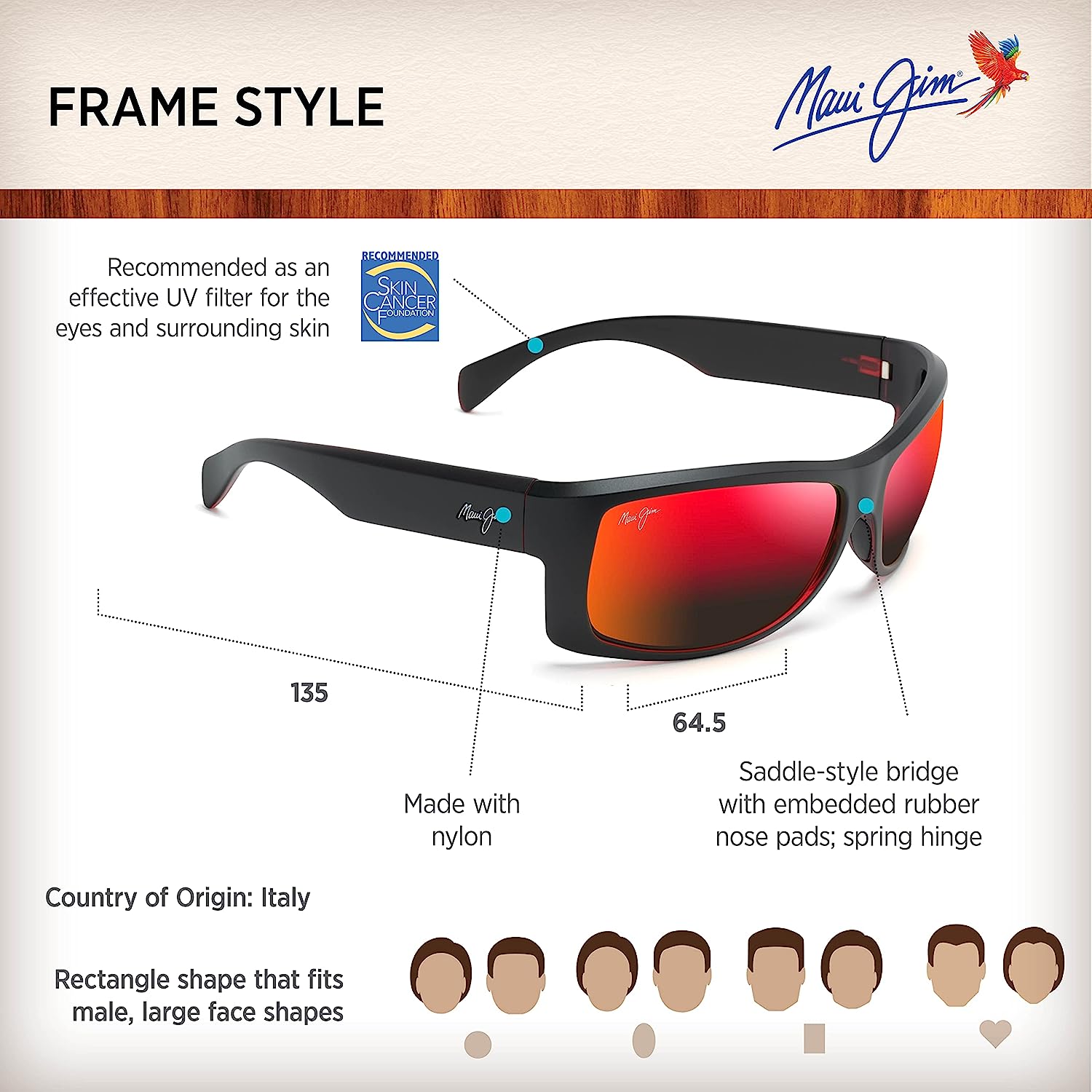Maui Jim Men's and Women's Equator Polarized Wrap Sunglasses, Black w/Red Interior/Hawaii Lava ™, Large