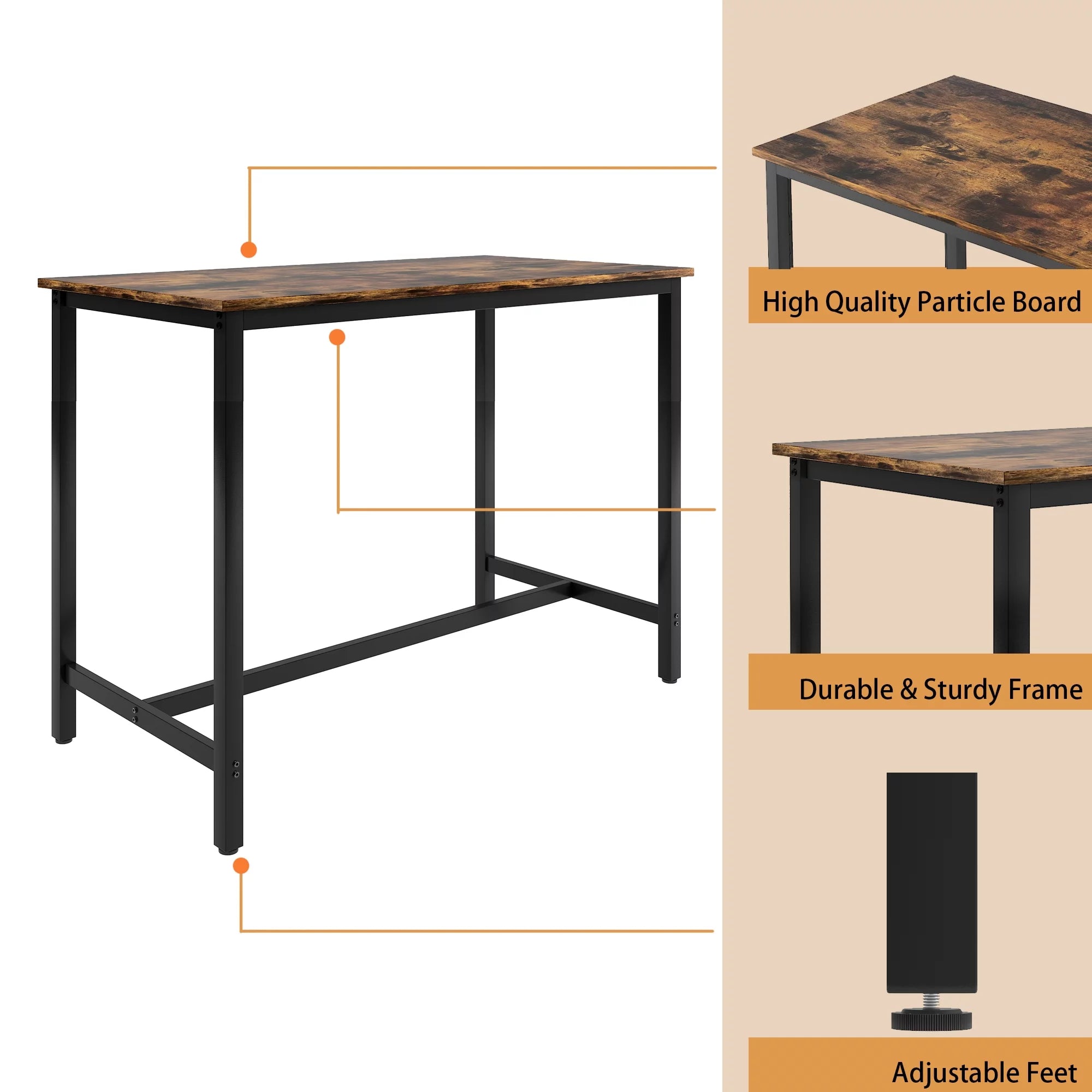 5 Piece Bar Table Set, Modern Counter Height Dining Set, Home Dining Table and Chairs Set for 4, Kitchen Breakfast Table Set with 4 Cushioned Stools, Bistro Pub Table Set, Rustic Brown