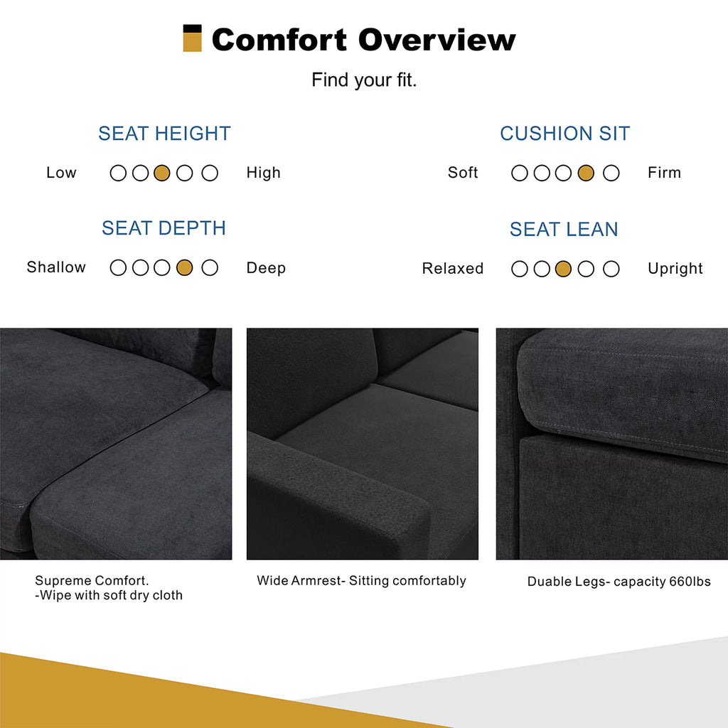 Walsunny Linen Fabric Convertible L-Shaped Sectional Sofa(Dark Gray)