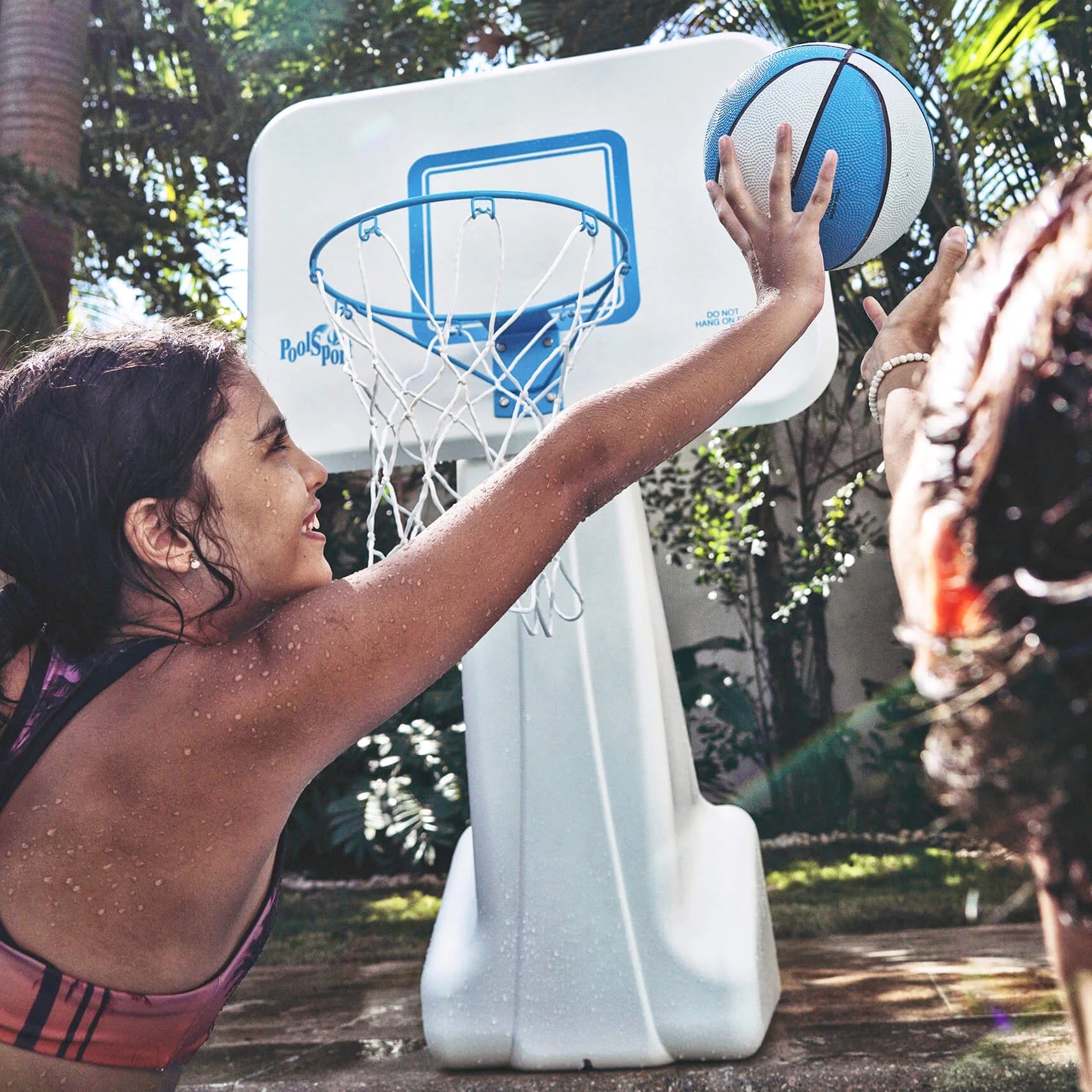 Dunn-Rite Pool Sport poolside basketball unit. The Dunn-Rite Pool Sport Portable Pool Basketball Hoop (B950) features a color-matched ball textured ball, 13.5" stainless steel rim (36" height)