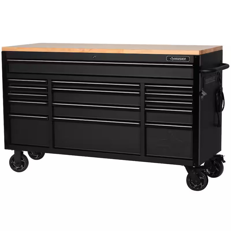 61 in. W x 23 in. D Heavy Duty 15-Drawer Mobile Workbench Tool Chest with Solid Wood Top in Matte Black