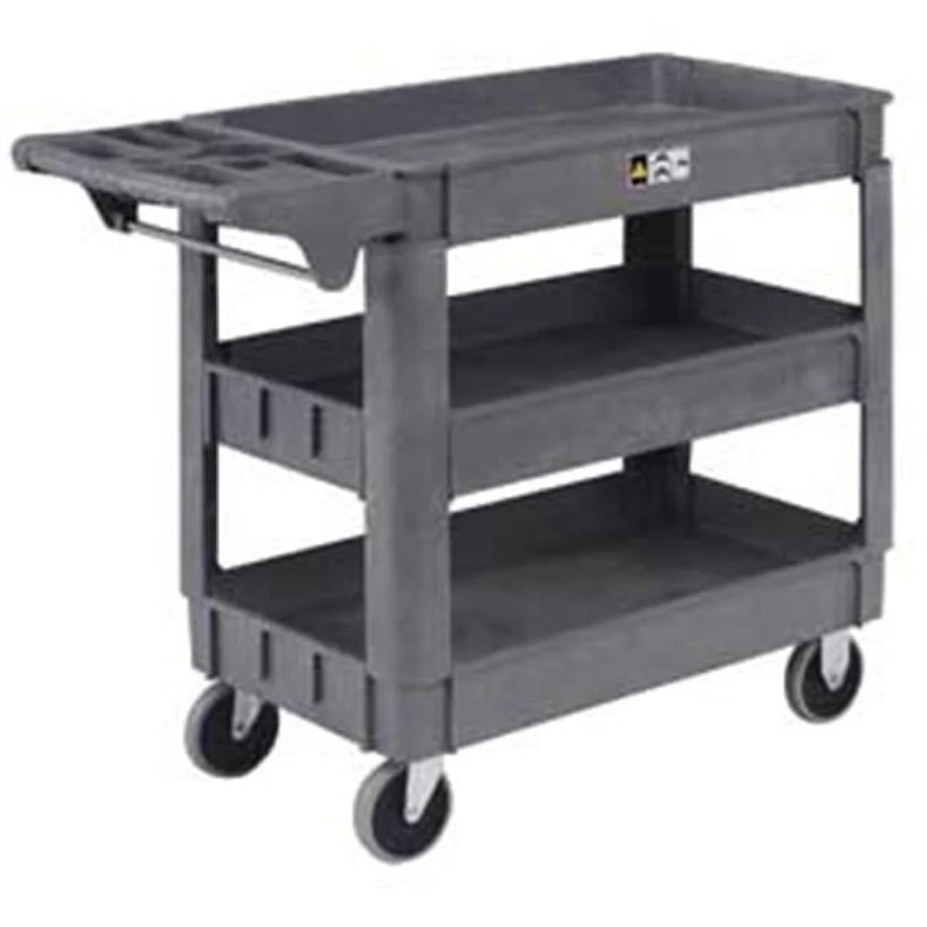 Global Industrial 242083 Small Deluxe 3 Shelf Plastic Utility & Service Cart with 5 in. Rubber Casters, Gray