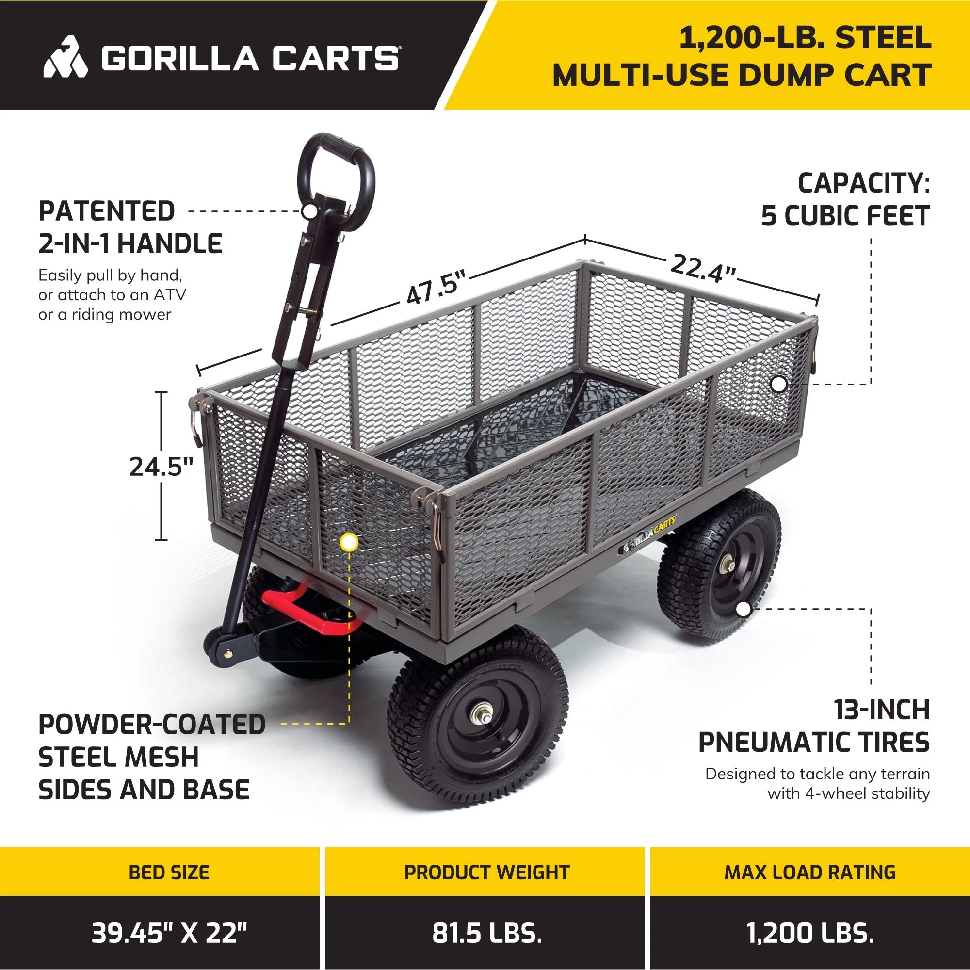 Gorilla Carts Steel Dump Cart Garden Beach Wagon, 1,200Lb Capacity, Gray
