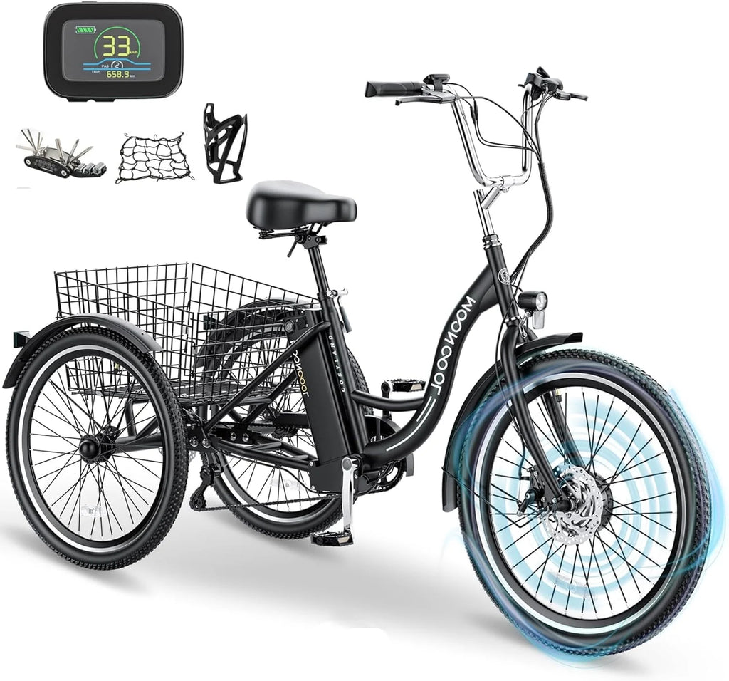 Mooncool 24" 26" 3 Wheel Electric Tricycle for Adults, 350W 36V 7 Speeds Motorized Electric Trike Three Wheel Electric Bikes Bicycle with Large Basket & Accessories for Women Men