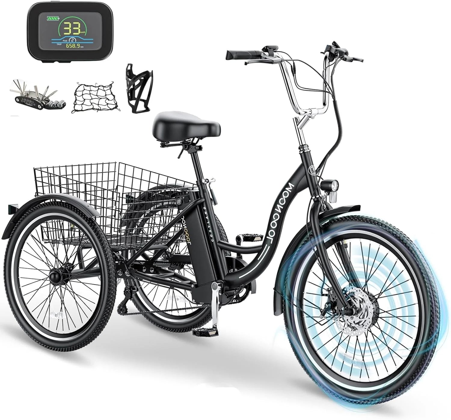 Mooncool 24" 26" 3 Wheel Electric Tricycle for Adults, 350W 36V 7 Speeds Motorized Electric Trike Three Wheel Electric Bikes Bicycle with Large Basket & Accessories for Women Men