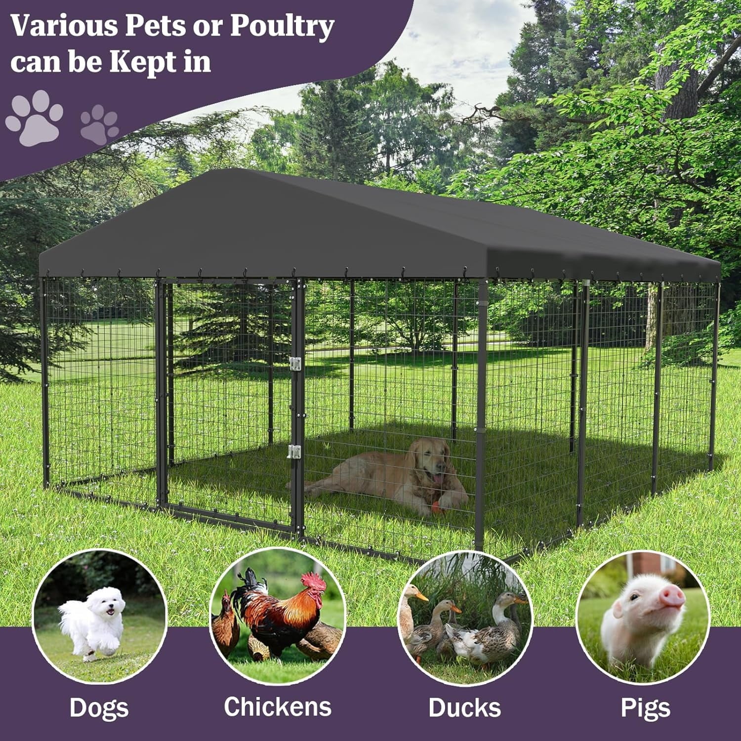 Kullavik Large Dog Kennel Outdoor with Waterproof Roof Cover, Dog Cage Heavy Duty Dog Enclosures w/Upgraded Metal Mesh and Door Locks