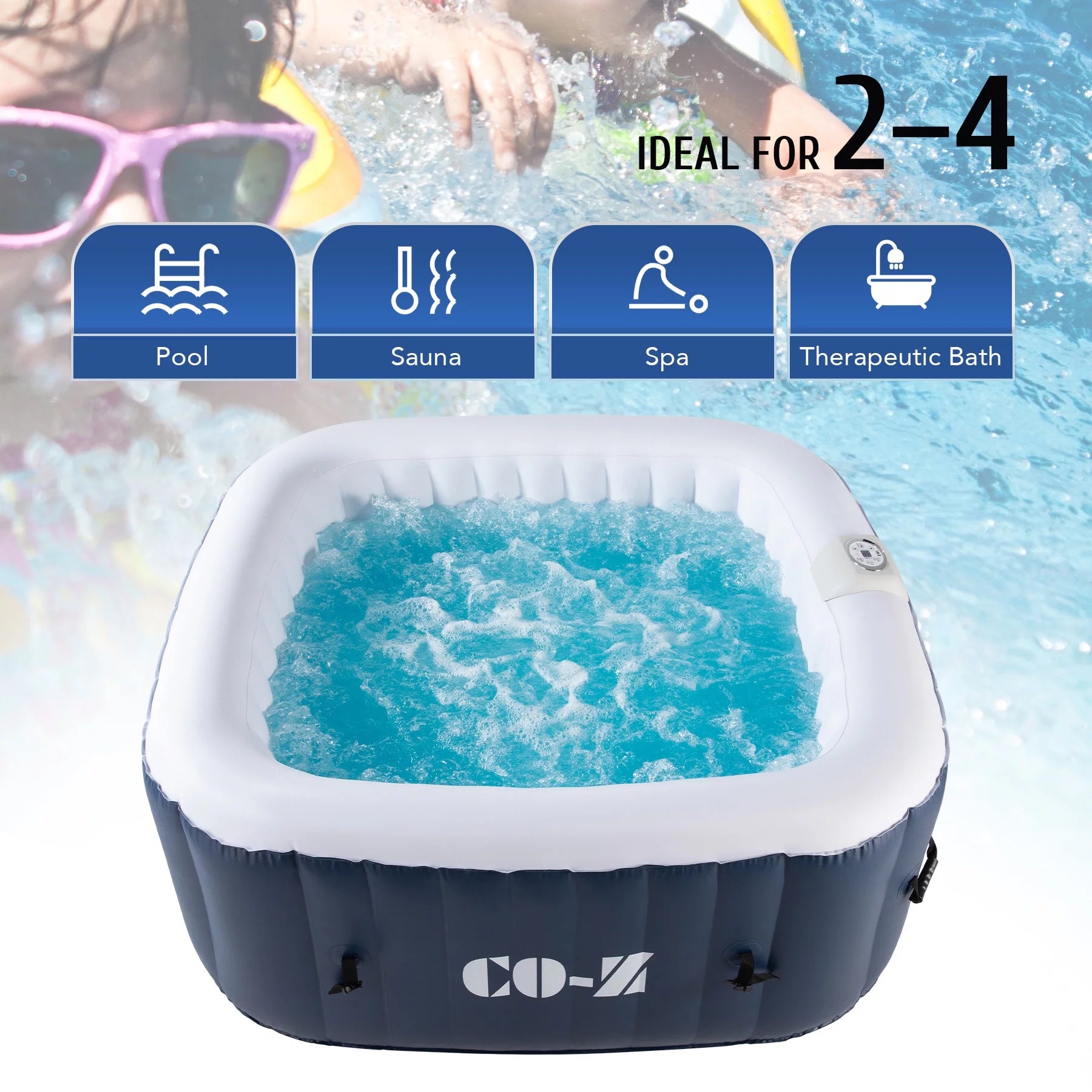 CO-Z 5x5ft PVC Square Inflatable Spa Tub &amp; 120 Massaging Jets for Patio &amp; More for 4-person Blue