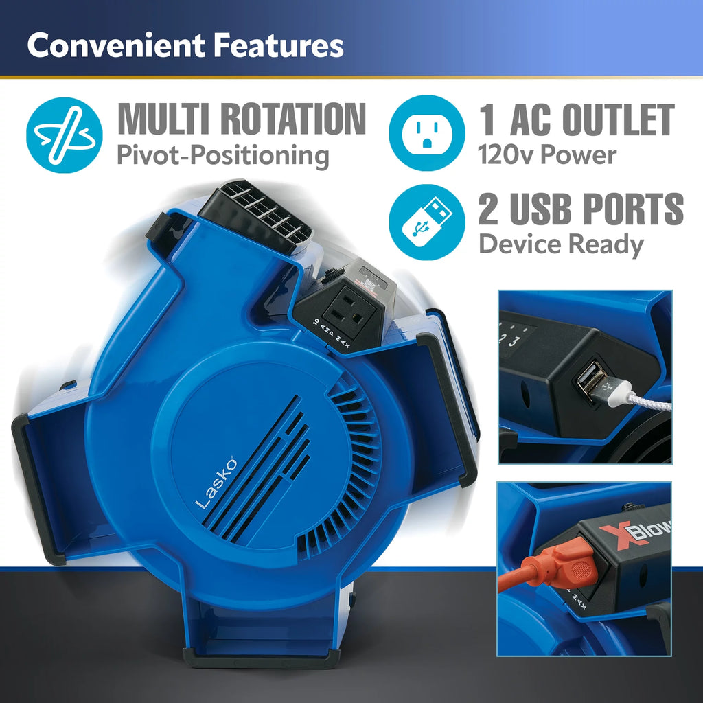 Lasko X-Blower 6 Position Blower Fan with Accessory Outlet and USB Ports, X12904, Gray