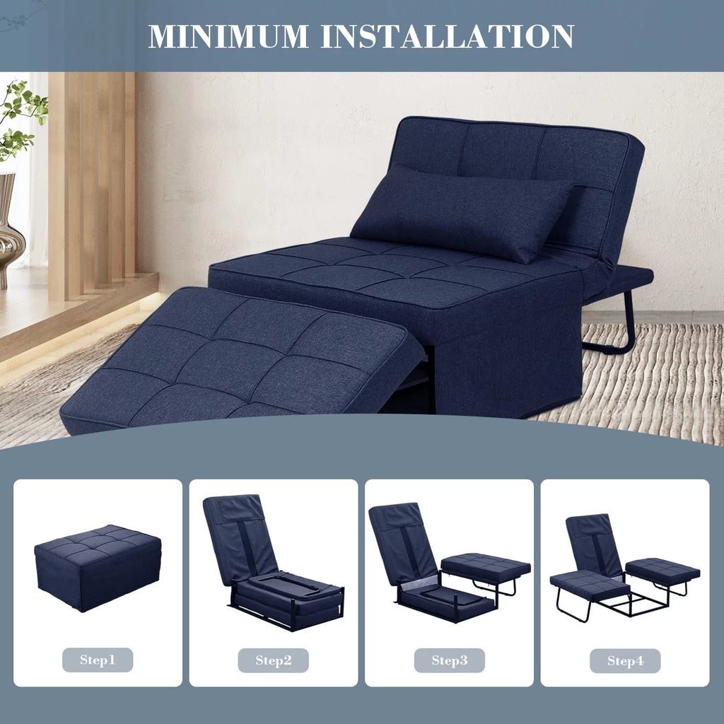 Ainfox Ottoman Chair Lounger Bed .4 in 1 Breathable Linen Convertible Single Sofa Couch, 73.23''L x 33.86''W(Dark Blue)