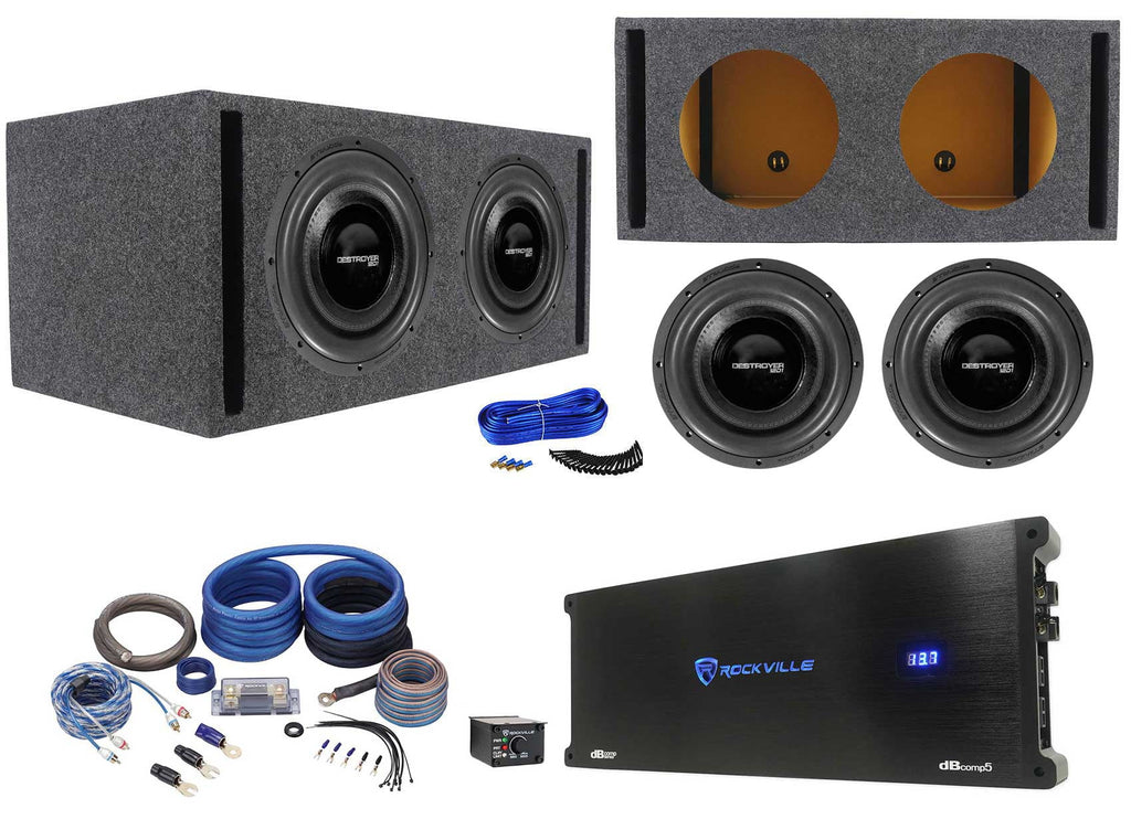 (2) Rockville Destroyer 12D1 12" Competition Car Subwoofers+Box+Mono Amplifier