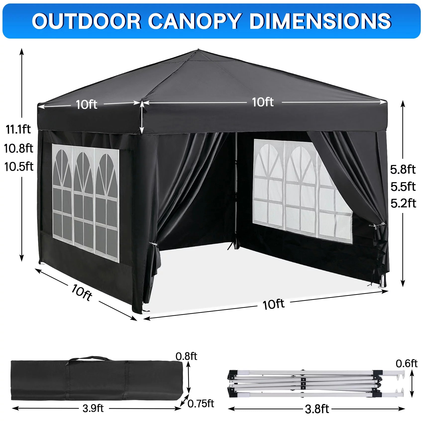 Suteck 10x10 FT Pop Up Canopy Tent with Sidewalls,Outdoor Waterproof Canopy Tents for Backyard Parties,Outside Instant Commercial Enclosed Gazebo Tent with 4 Weight Bags,Black