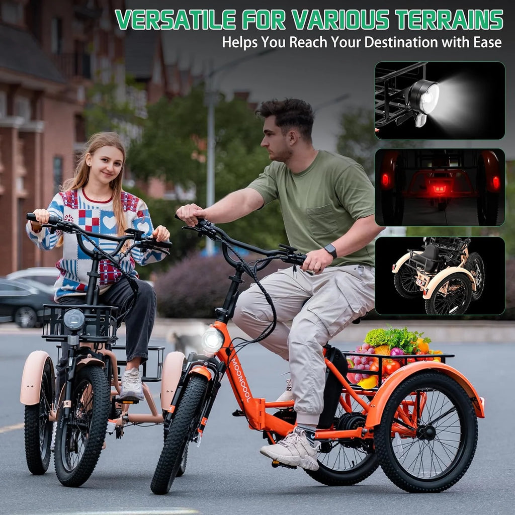 MOONCOOL 24"/26" Electric Tricycle for Adults, 350W 36V 7 Speeds Electric Trike Motorized Three Wheel Electric Bikes Bicycle with Large Basket for Women Men