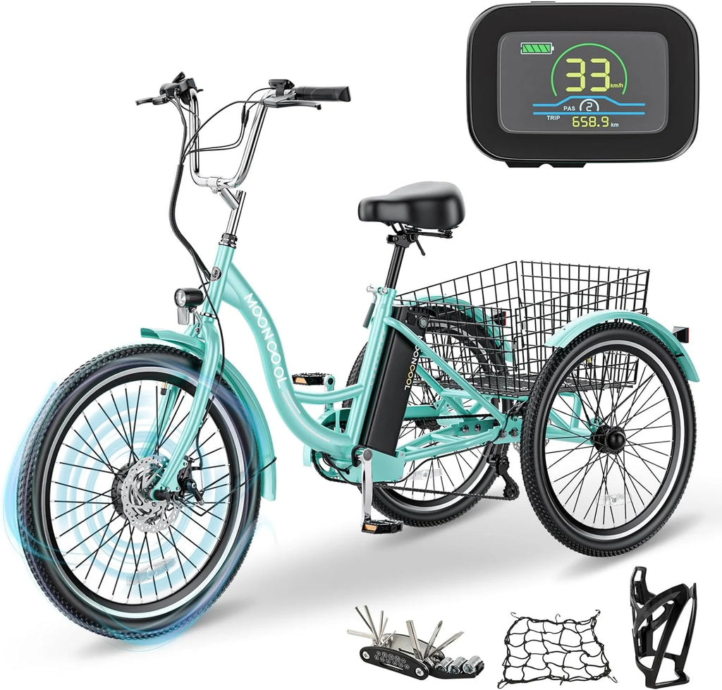 Mooncool 24" 26" 3 Wheel Electric Tricycle for Adults, 350W 36V 7 Speeds Motorized Electric Trike Three Wheel Electric Bikes Bicycle with Large Basket & Accessories for Women Men