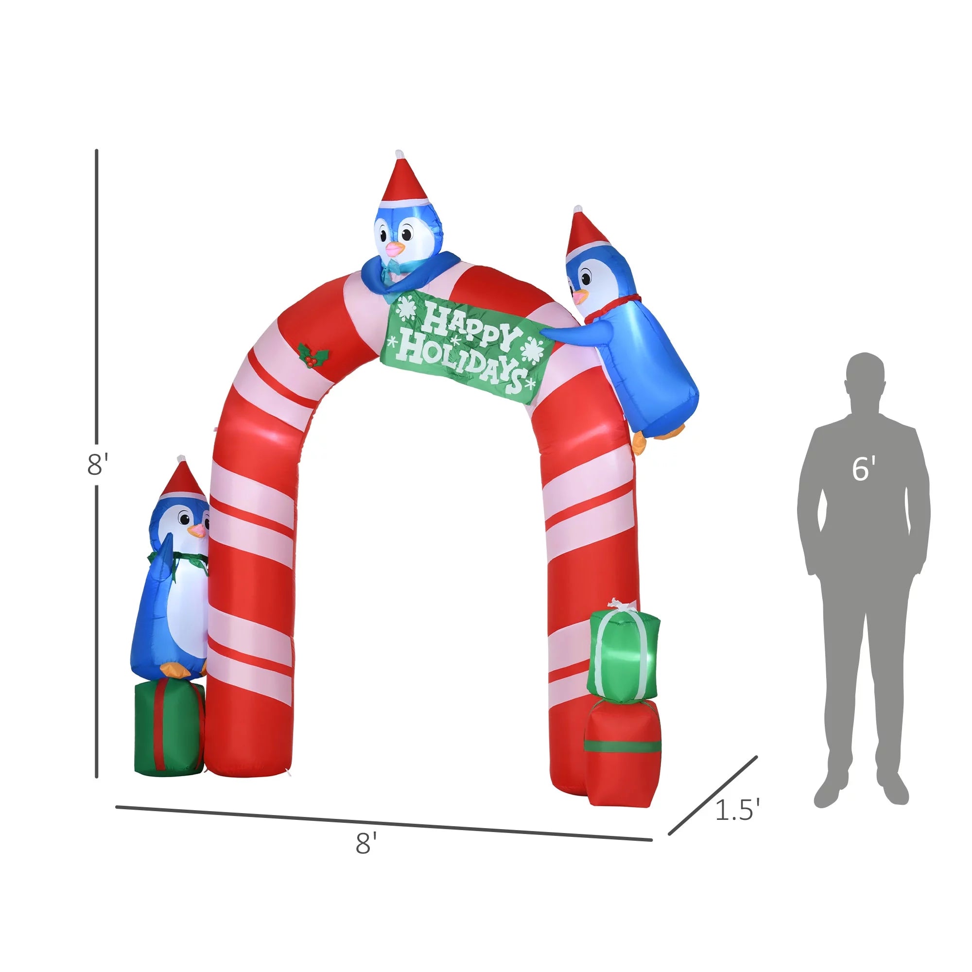 Outsunny 8ft Christmas Inflatable Candy Cane Archway with Three Penguins and Gift Boxes, Blow-Up Outdoor LED Yard Display for Lawn Garden