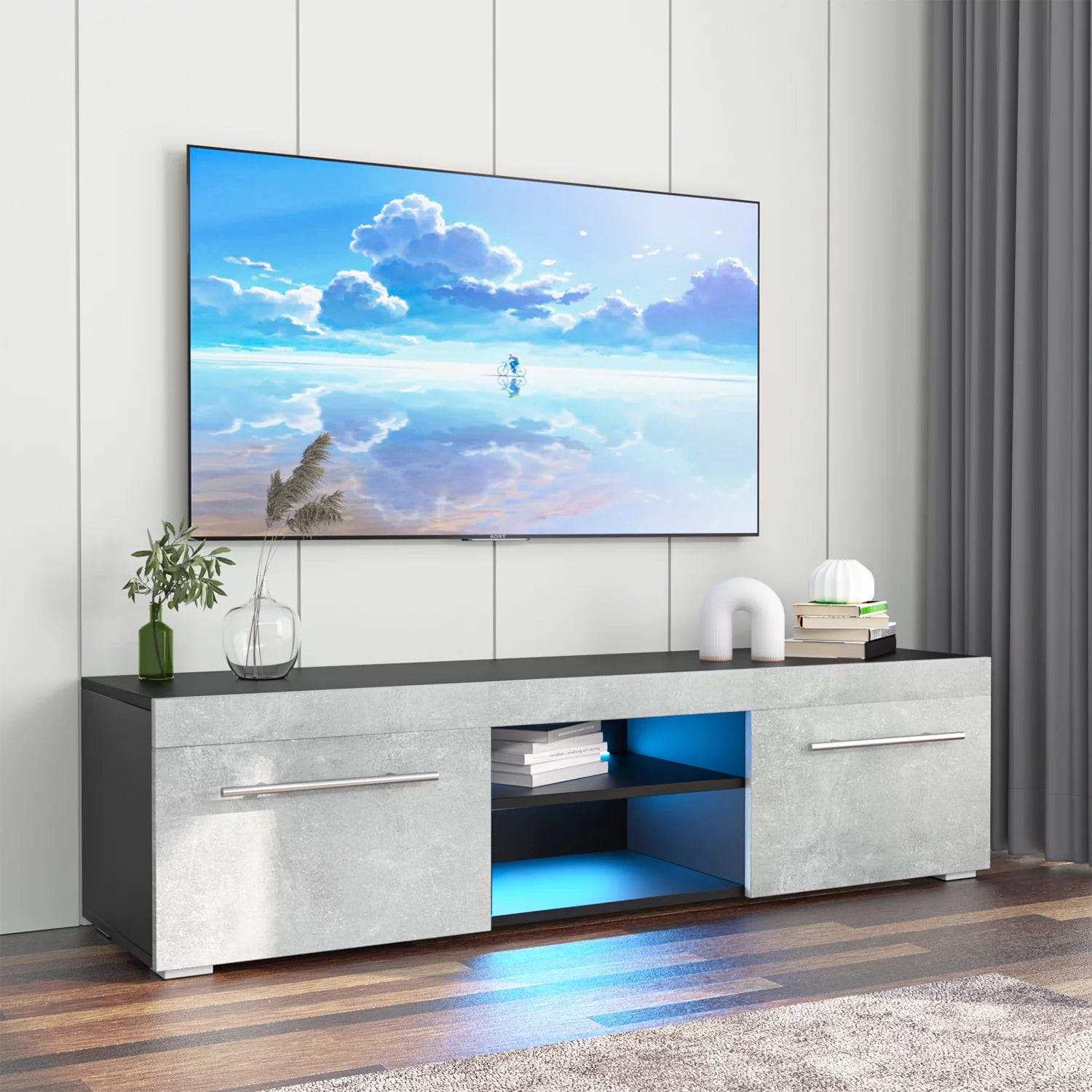 Hommpa Gray White High Gloss TV Stand for TVs up to 59 LED Entertainment Center Modern TV Cabinet with 2 Storage Drawers