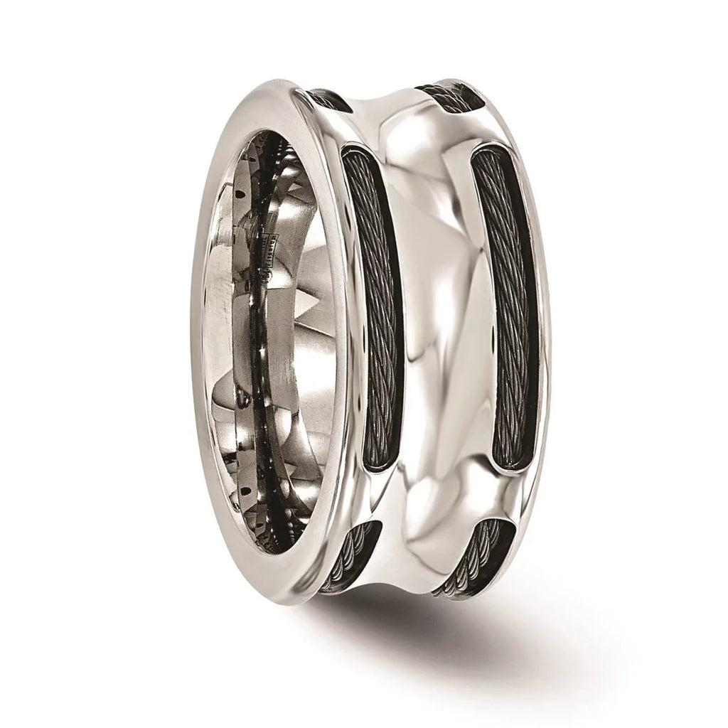 Edward Mirell Stainless Steel Engravable and Black Titanium Cable Edge Polished Concave 10mm Band Size 8 Jewelry for Wom