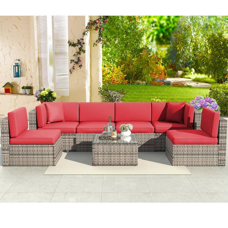 7-Piece Brown Wicker Outdoor Sectional Set with Red Cushions and Coffee Table