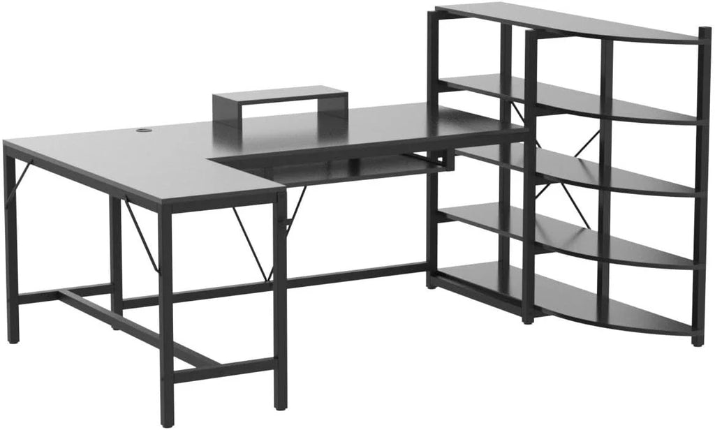 U-SHARE  L Shaped Computer Desk, 63'' Desk with Storage Shelves, Keyboard Tray, Monitor Stand and Headphone Hook, Corner Gaming Desk with LED Lights,