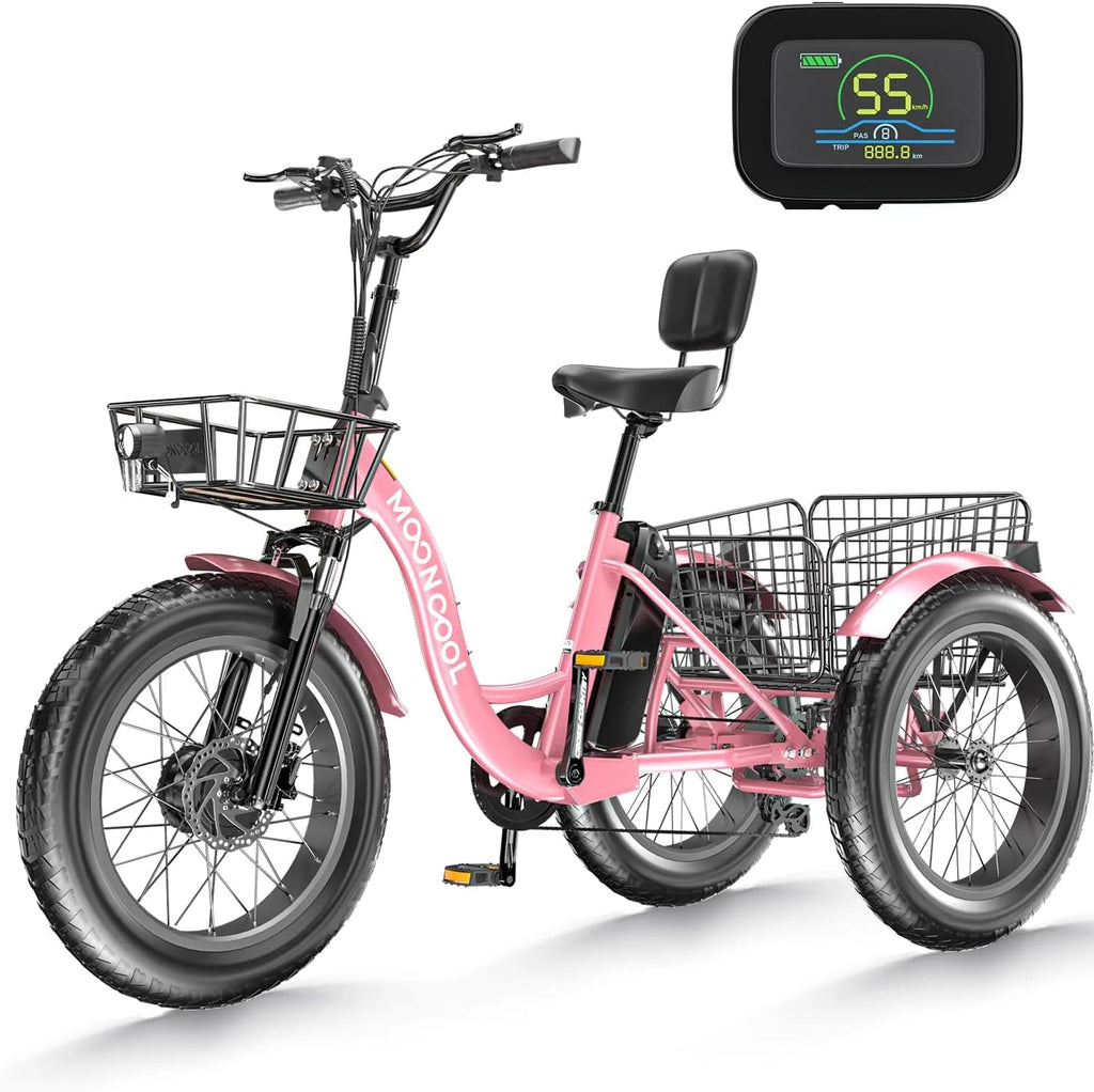 Mooncool 24" 26" 3 Wheel Electric Tricycle for Adults, 350W 36V 7 Speeds Motorized Electric Trike Three Wheel Electric Bikes Bicycle with Large Basket & Accessories for Women Men