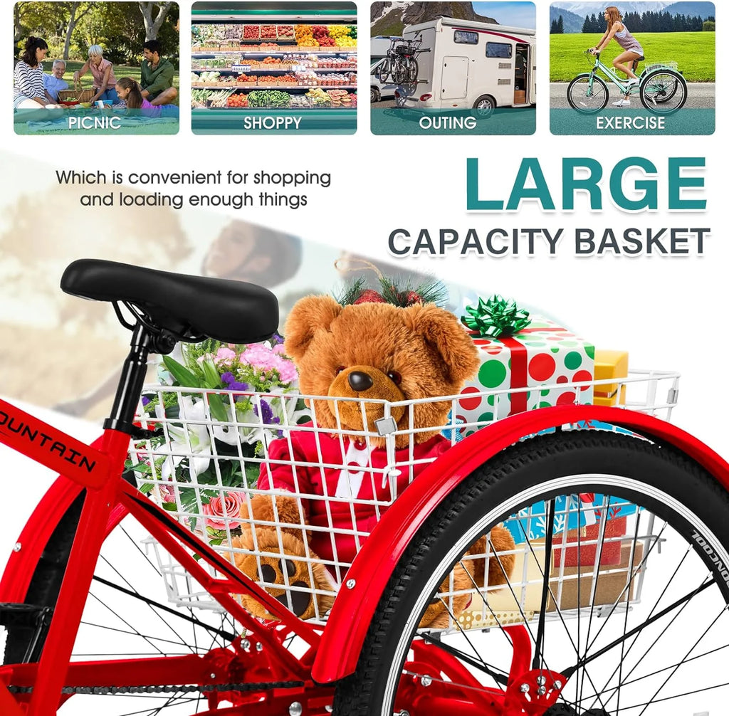 Mooncool Adult Mountain Tricycle, 7 Speed Three Wheel Bike, 24/26/27.5 Inch Adults Trikes for Seniors with Shopping Basket, Exercise Men's Women's Tricycles