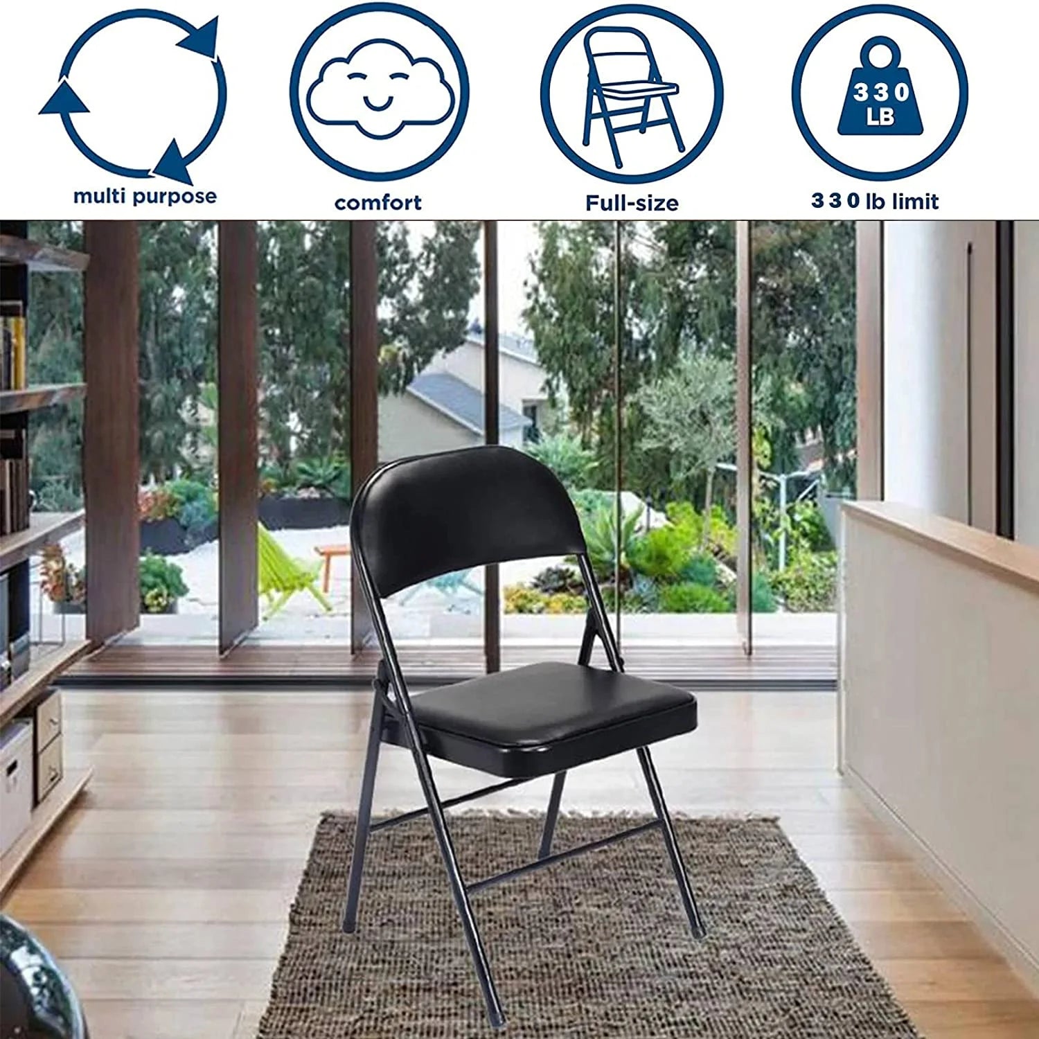 Vebreda Upholstered Padded Folding Chair (4 Pack), Black