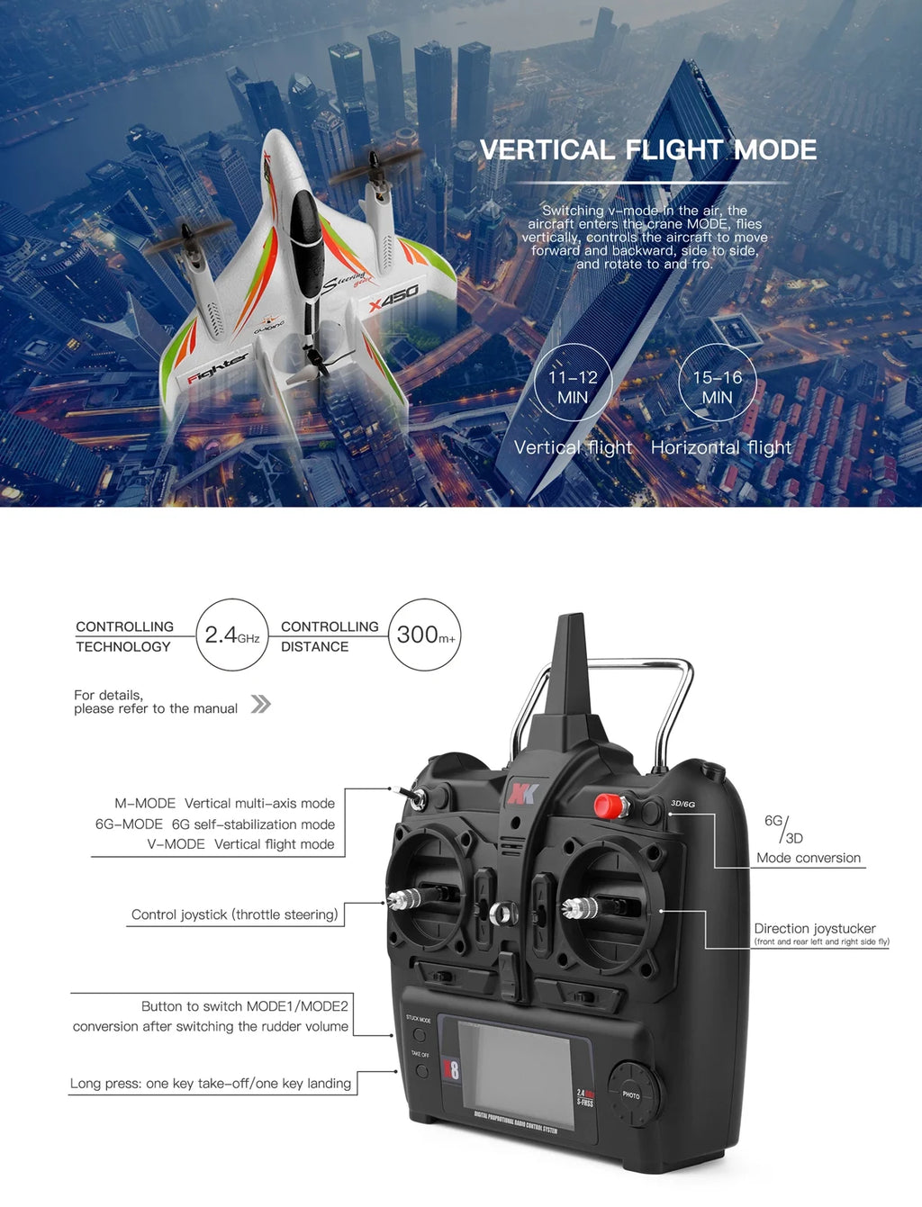 TOPTENG WLtoys XK X450 RC Airplane, 2.4G Remote Control 6 Channel Brushless Motor Aircraft, Vertical Takeoff LED RC Glider Fixed Wing Plane RTF
