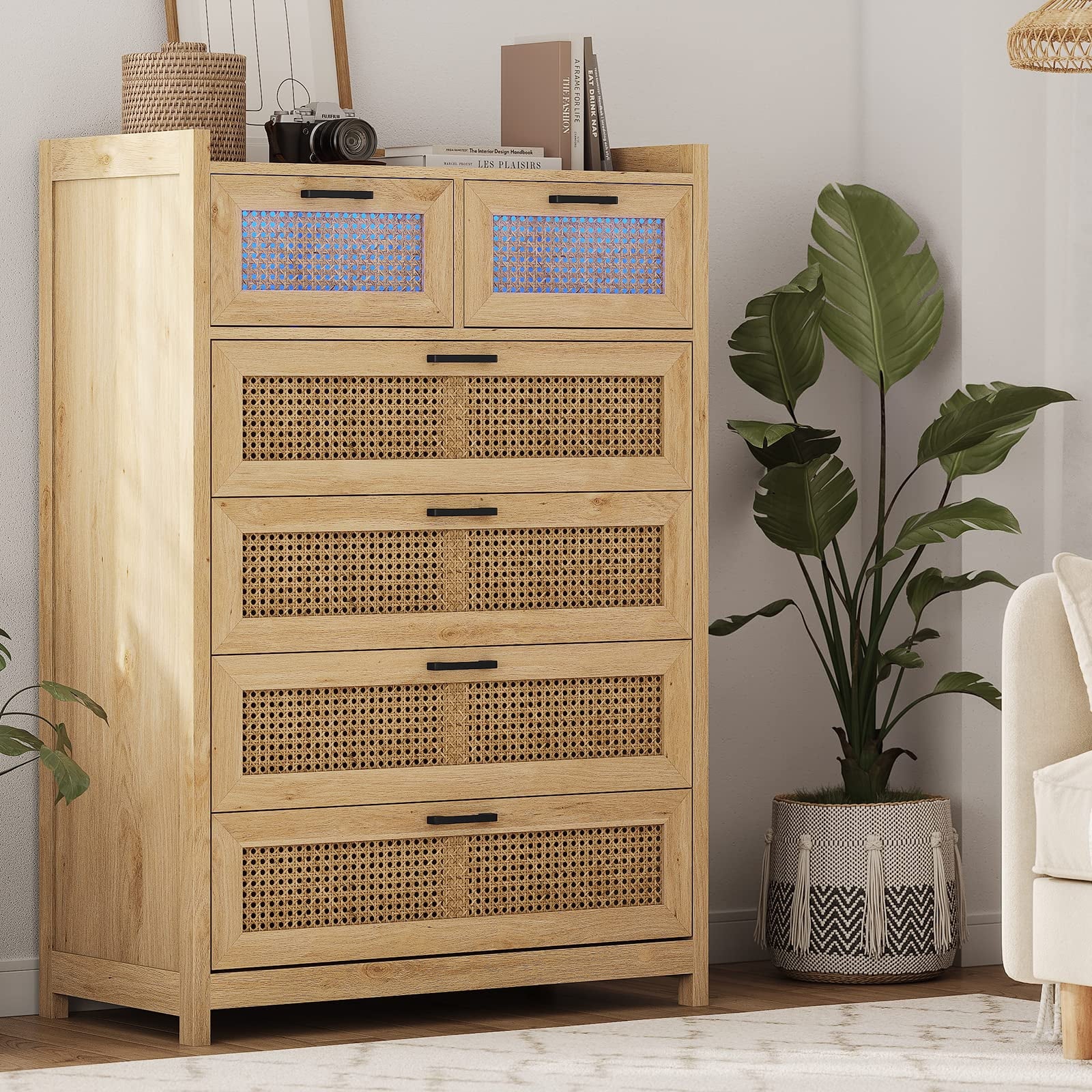 7 Drawer Dressers with LED Light, Natural Rattan Dresser for Bedroom, Hallway, Entryway